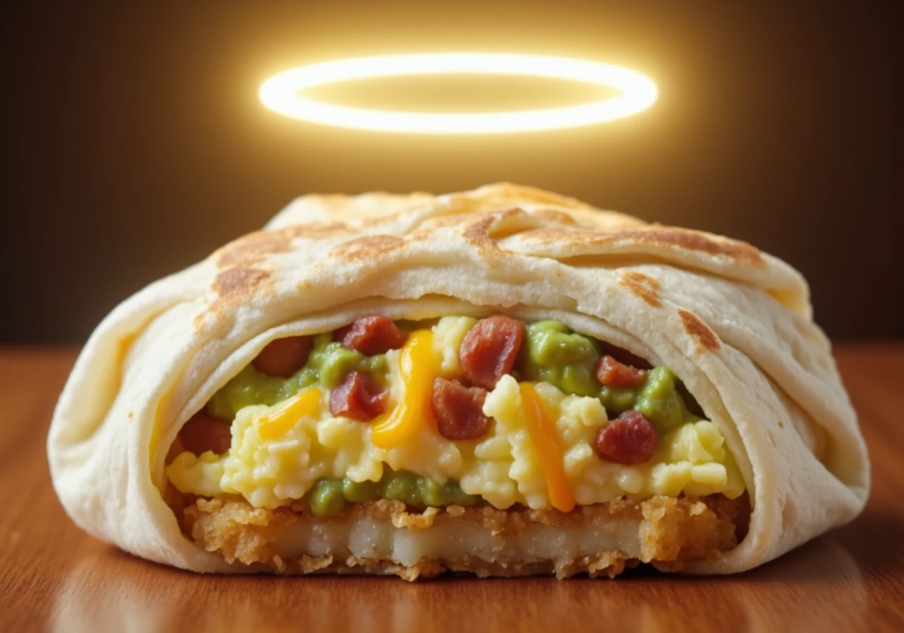 a single heavenly open breakfast crunchwrap with a glowing halo over it with cross section of layered ingredients, fillings of crispy hash brown and pieces of bacon and green guacamole and fluffy scrambled eggs with melted cheddar cheese inside a folded grilled toasted tortilla<lora:Taco_Bell_Breakfast_Crunchwrap.safetensors:1.0:1.0> <lora:Halo Angels improved_divine protector.safetensors:1:1>