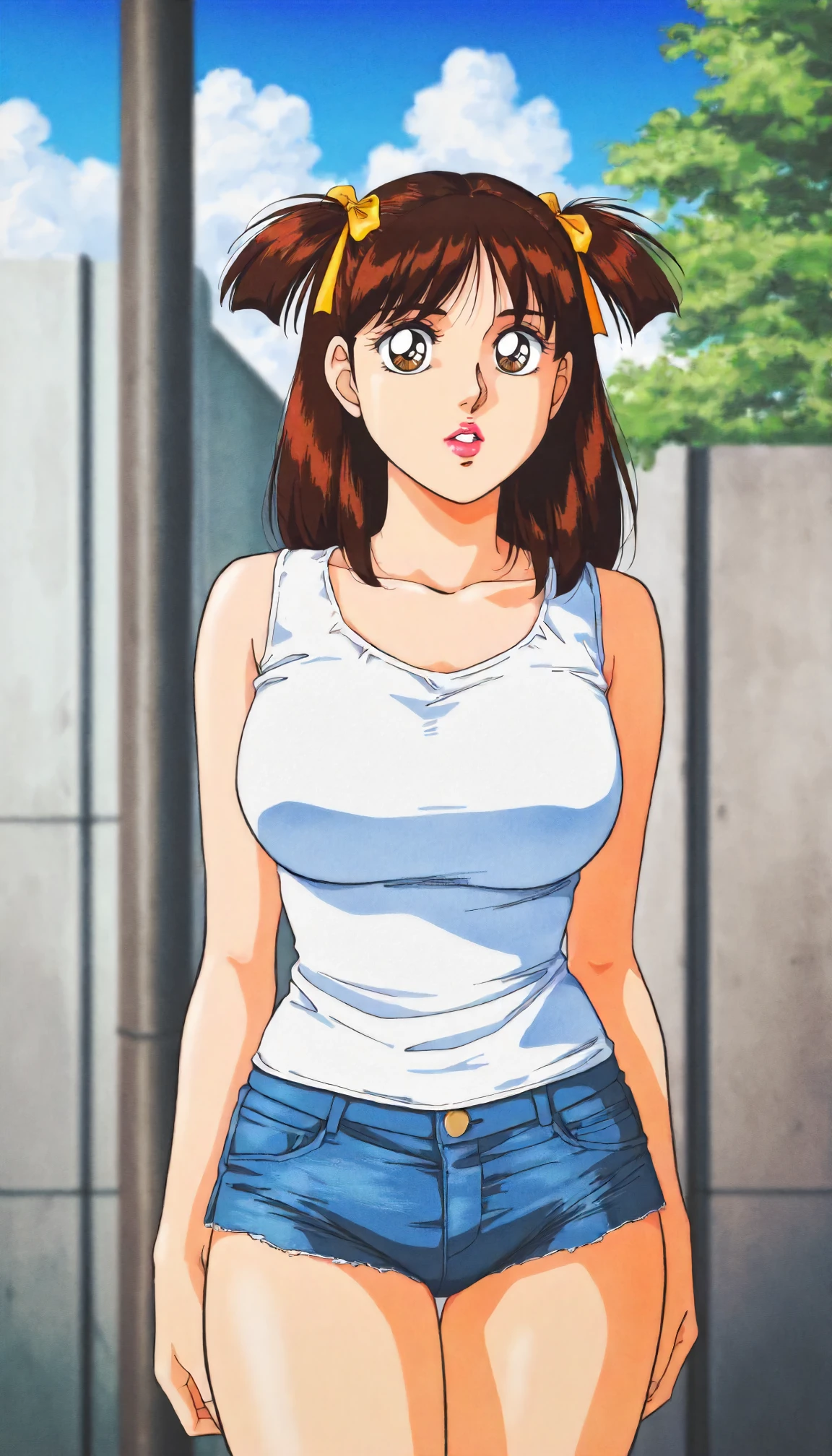<lora:TySc_asaka_satsukiXLIllustrious001>,
masterpiece,best quality,good quality,newest,
outdoors,
parted lips,
looking at viewer,
solo,
anime coloring,retro artstyle,1980s (style),
asaka_satsuki\(tsukiatte_yo!_satsuki-chan\),1girl,brown hair,medium hair,two -side up,hair ribbon,brown eyes,lipstick,
large breasts,
white tank top,
denim shorts,micro shorts,
standing,