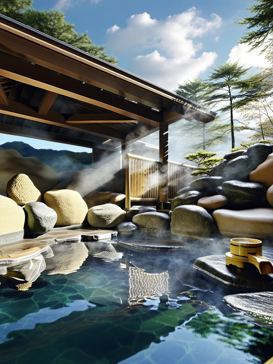 <lora:JJsOnsen_XL:1> , (onsen), ultra realistic, masterpiece, best quality,, scenery, water, tree, no humans, , east asian architecture,outdoors, day, rock, sky, nature, reflection, center composition . steam,cloud,