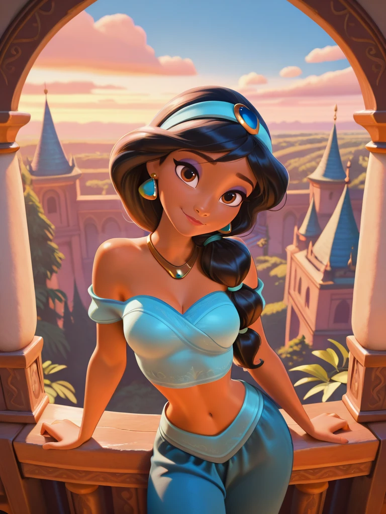 highres, hi res, best quality, masterpiece, DisneyStudioXL, cinematic,,
1girl, medium breasts, (JasmineXL:1.1), long hair, black hair, multi-tied hair, brown eyes, dark skin, makeup, necklace, earrings, hairband, off-shoulder shirt, blue shirt, midriff, blue pants, arabian clothes,
light smile, dutch angle, naughty pose, looking at viewer, vegetation, indoors, palace, sky, clouds, daylight, portrait, dynamic pose, cowboy shot, head tilt, one hand balcony, from above,
<lora:Jasmine-IL_V2:0.7><lora:DisneyStudios_style-12IL:1>
