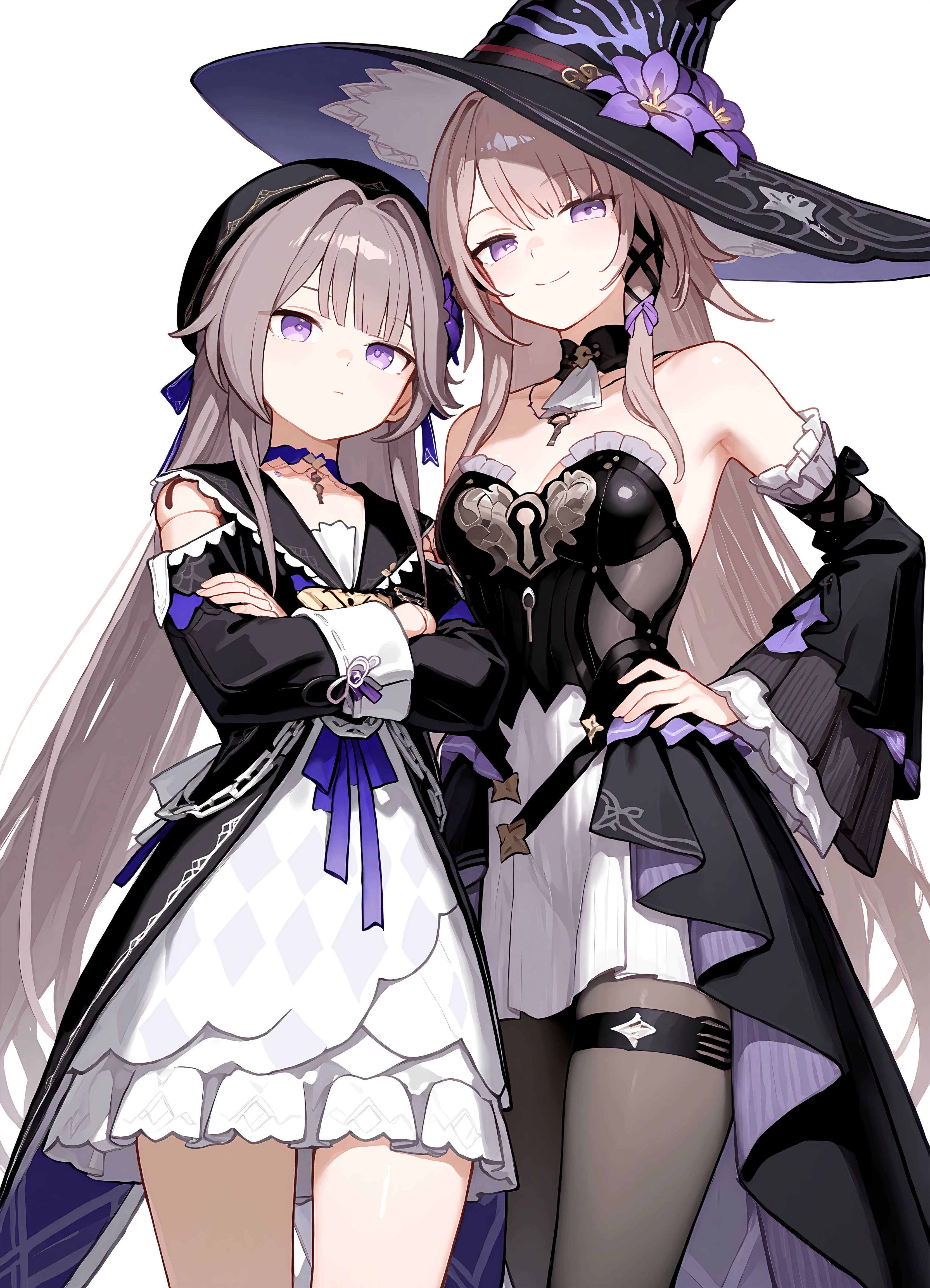 (masterpiece,best quality), very aesthetic, absurdres, 2girls, simple background, closed mouth ADDCOMM
<lora:herta-hsrIL-v1r:0.9>, 1girl, herta, doll joints, beret, purple choker, crossed arms BREAK
1girl, the herta, witch hat, black choker, necklace, detached sleeves, thigh strap, black pantyhose, smile, hand on own hip,