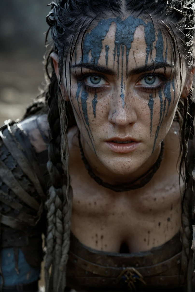 Close-up of (ohwx woman) <lora:sydney_lora_sdxl_v1-000008:1> in Hellblade: Senua's Sacrifice, emerging from black mud, long hair with dreads, war blue paint, paint fading, angry expression, dirty face, finely detailed eyes, moody, viking clothes, epic scene, epic composition, Photography, Cinematic Lighting, Volumetric Lighting, ethereal light, intricate details, extremely detailed volumetric rays