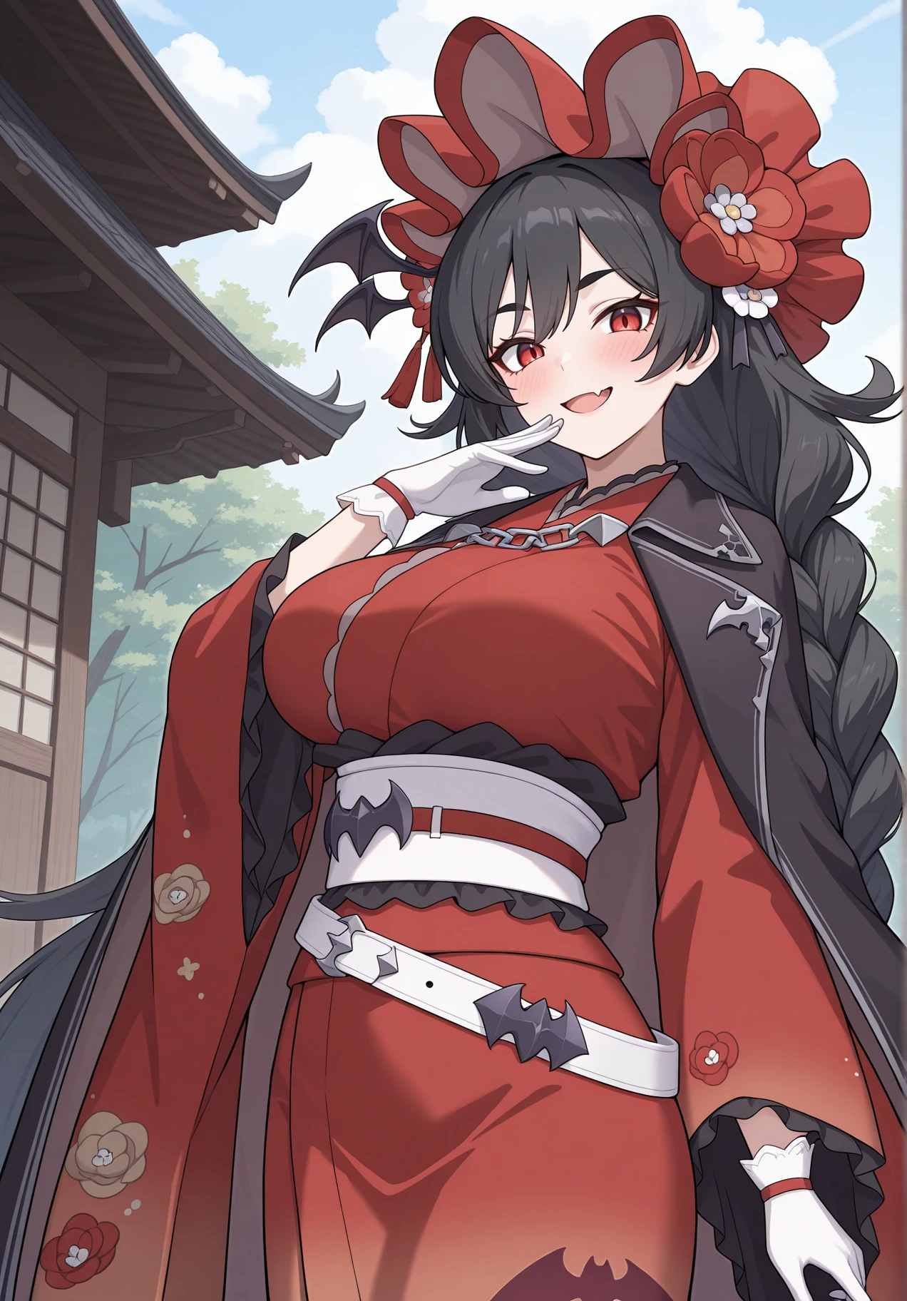 highres, best quality, masterpiece, outdoors,
1girl, solo, pcrilya, black hair, very long hair, red eyes, aged up, large breasts,
ilyanyr, braid, bonnet, hair flower, black cape, chain, red kimono, flower print, bat print, white sash, belt, wide sleeves, white gloves,
looking at viewer, blush, smile, fang,
standing, open mouth, hand to own mouth,
<lora:_ilya_pcr-elesico-ilxl-rev2:1>