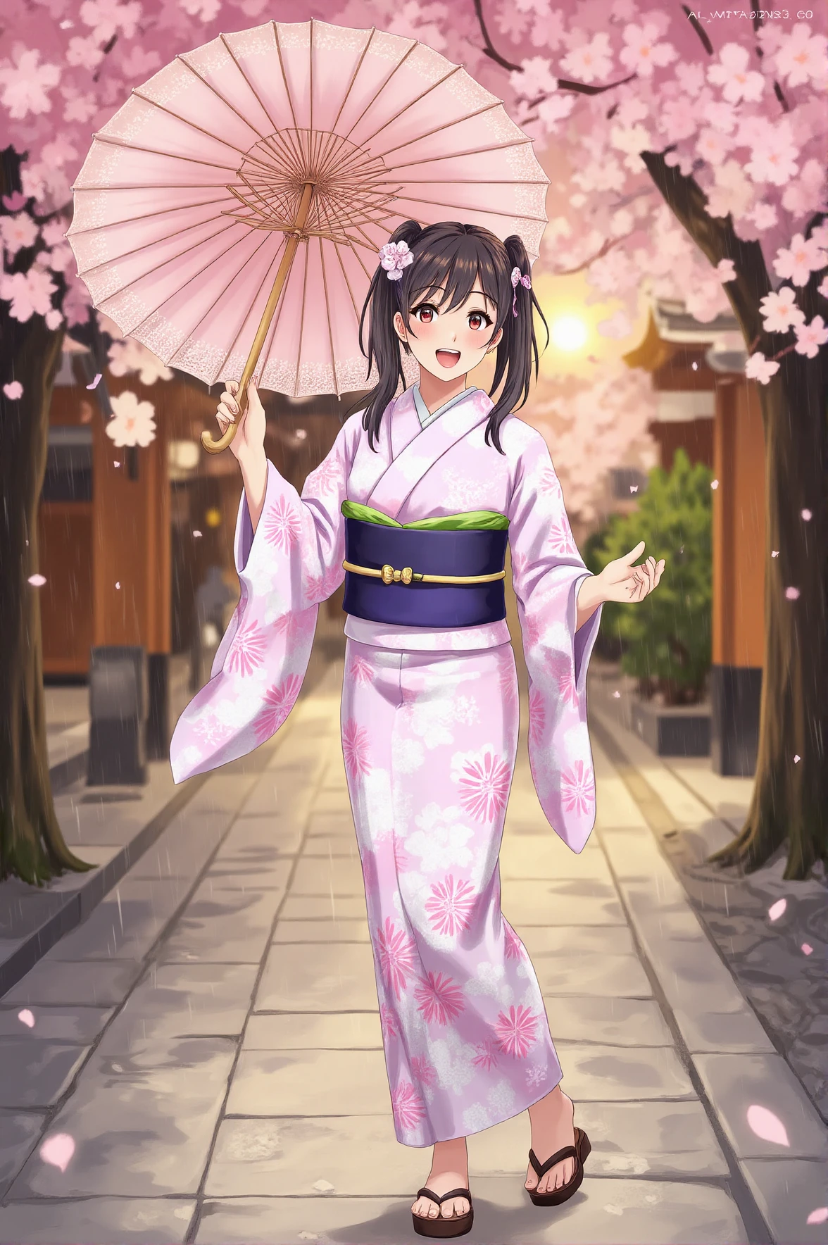 Clutching a delicately patterned yukata, a waifu stands beneath the soft drizzle of a spring rain, cherry blossoms falling like pink snowflakes around her. The soft light of the setting sun bathes the shrine grounds in golden hues, the wet pavement reflecting its warmth. Her wooden geta sandals click lightly against the stone path as she twirls her lace-trimmed parasol, laughing gently as raindrops speckle her sleeves. The atmosphere is ethereal, blending tradition with the fleeting beauty of nature.
<lora:anime-waifu-flux:1>