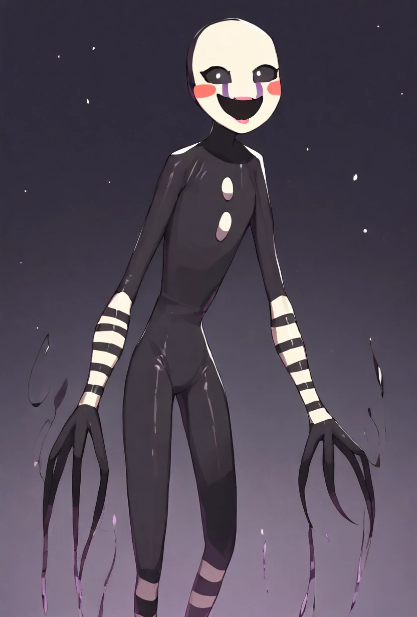 <lora:puppet-08:1> puppet, solo, mask, black bodysuit, smile, open mouth, blush stickers, striped, purple tear streaks, small eyes, no pupils, black empty sockets, black sclera, , <lora:pepper0_stye_v1_illustrious:1> pepper0, skinny, long limbs,, masterpiece, best quality, amazing quality, very aesthetic, absurdres, newest,