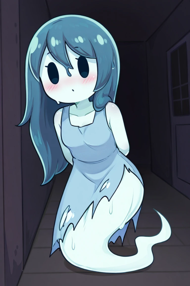 ((Spooky jumpscare mansion)), (((sexy))), (cute), (smug), see through clothing dress, (curvy), small, really super flat breasts, (((cute face))), two eyes, one mouth, floating, (((closed flat mouth))), nips