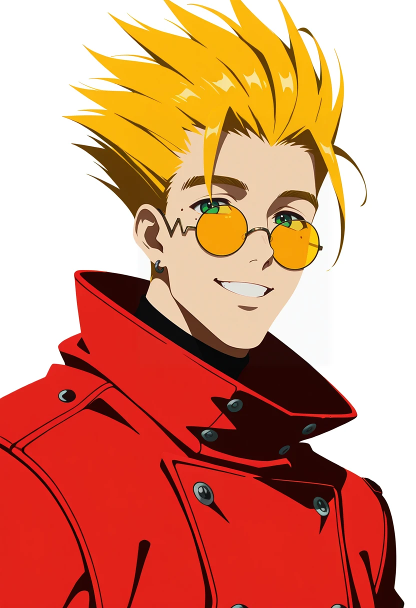 (attentive:1.2), masterpiece,best quality,amazing quality,very aesthetic,absurdres,newest,<lora:dark:0.6>, <lora:Vash_the_Stampede_Trigun:0.9>, solo, 1boy, mature_male, vash, yellow hair, yellow round glasses, red cape, green eyes, mole under left eye, smiling, happy, flat color, limited palette, minimalism, no lineart, simple background, silhouette