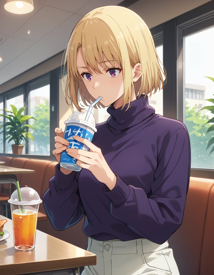 score_9, score_8_up, score_7_up, source_anime, uncensored, BREAK
1girl, solo, restaurant, drinking,
purple turtleneck sweater, long sleeves, white pants,
short hair, blonde hair, purple eyes,
shizuku kousaka (na honjaman level up),
<lora:shizuku_kousaka-na_honjaman_level_up_s2-pxl-anime-soralz:1>