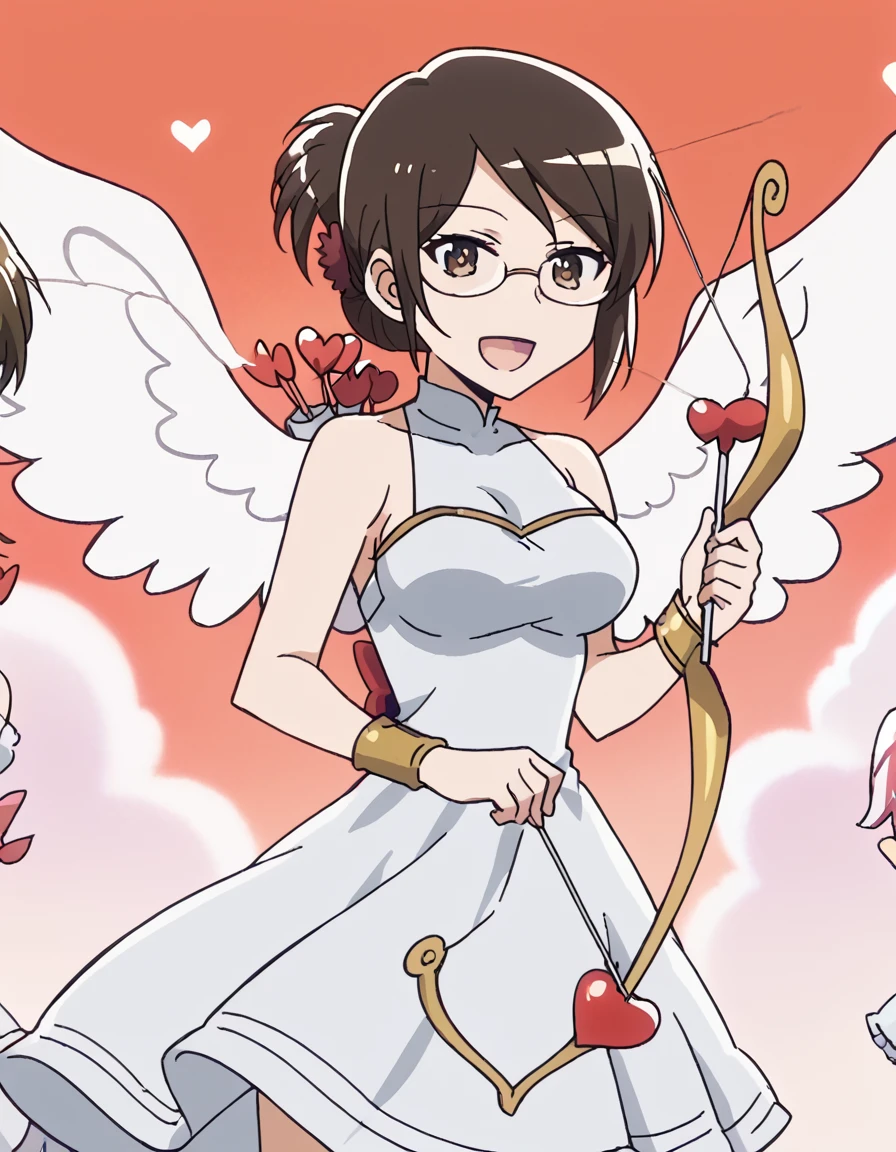 score_9, score_8_up, score_7_up, source_anime, <lora:akane-yonomori-s1-ponyxl-lora-nochekaiser:1>, akane yonomori, brown hair, hair ornament, brown eyes, glasses, folded ponytail, large breasts, anime screencap,, <lora:cupid-ponyxl-lora-nochekaiser:1>, cupid, dress, bare shoulders, weapon, heart, wings, bow (weapon), arrow (projectile), angel, smile, open mouth, heart arrow,, , cowboy shot, solo