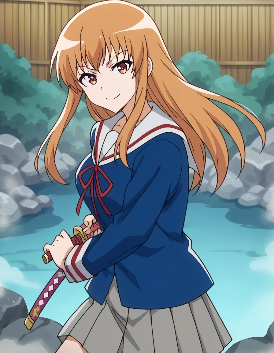 score_9, score_8_up, score_7_up, source_anime, <lora:benio-yonomori-s1-ponyxl-lora-nochekaiser:1>, benio yonomori, long hair, brown hair, brown eyes, medium breasts, anime screencap,, skirt, school uniform, serafuku, blue shirt, white sailor collar, ribbon, grey skirt, pleated skirt,, onsen, hot spring, steam, relaxation, traditional, smile, <lora:battoujutsu-stance-ponyxl-lora-nochekaiser:1>, battoujutsu stance, looking at viewer, holding, weapon, sword, holding weapon, holding sword, standing, katana, sheath, sheathed, fighting stance, ready to draw, looking at viewer, solo,, cowboy shot, solo