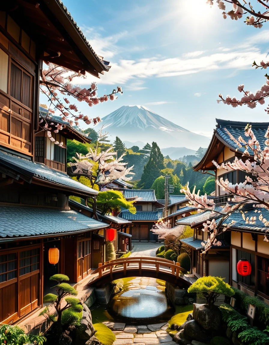 A picturesque traditional Japanese village nestled in a serene valley, surrounded by lush green mountains under a soft morning mist. The village consists of wooden houses with thatched roofs (gassho-zukuri style), showcasing intricate wooden details and sliding paper doors. A narrow stone-paved path winds through the village, leading to a small red torii gate at the entrance of a Shinto shrine. Cherry blossoms in full bloom line the streets, their pink petals gently falling in the breeze. A tranquil river flows through the village, crossed by an old wooden bridge with moss-covered stones. Villagers in traditional kimonos and straw hats go about their daily livesâan elderly man sweeping his porch, a woman carrying a basket of fresh produce, and children playing near a koi pond. The atmosphere is peaceful and nostalgic, with warm sunlight filtering through the trees, casting dappled shadows on the ground. The scene is rich in traditional Japanese aesthetics, evoking a sense of harmony and timeless beauty.
<lora:SDXLFaeTastic2400:0.4> <lora:extremely_detailed:0.4> extremely detailed,<lora:traditional_Japanese_v1ll4g3:1>,traditional Japanese v1ll4g3, Masterpiece,best quality,hi res,8k,hi res,8k,award winning,(sharp focus, intricate, highly detailed),