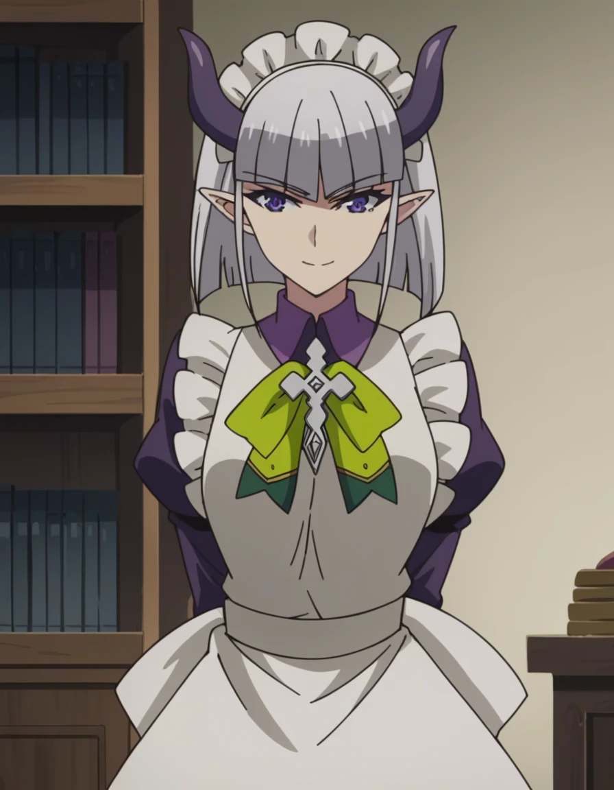 score_9, score_8_up, score_7_up, source_anime, <lora:maoutestament-lucia-s2-ponyxl-lora-nochekaiser:1>, maoutestament lucia, short hair, bangs, grey hair, horns, pointy ears, demon horns, purple eyes, large breasts, anime screencap,, long sleeves, dress, bow, puffy sleeves, apron, maid, maid headdress, maid apron, storage room, shelves, boxes, clutter, supplies, smile, hands behind back, bent over,, looking at viewer, solo,, cowboy shot, solo