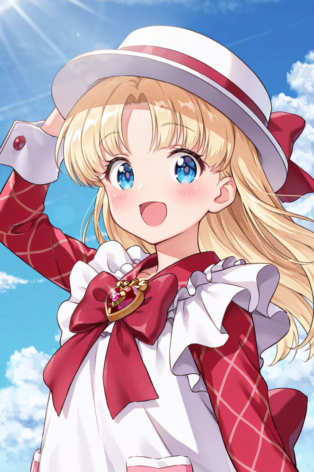 (Masterpiece, best quality:1.3), top quality, 8k resolution, (ultra-detailed, hyperdetailed), traditional media, 2d, portrait, nadja, (solo), blue eyes, (porkpie hat, hat bow:1.1), hand on headwear, blue sky, cloud, sunlight, backlighting, wind lift, frills, wind, blush, blonde hair, long hair, flipped hair, parted bangs, happy, smile, detailed eyes, detailed face, open mouth, looking at viewer, balancing, red dress, apron, white apron, frilled apron, long sleeves, argyle, white headwear, (chest bow), heart brooch, brooch, wrist cuffs, back bow, (shiny:1.2), beautiful, extremely detailed, simple background, BREAK, amazing quality, very aesthetic,high resolution, ultra-detailed,absurdres, newest