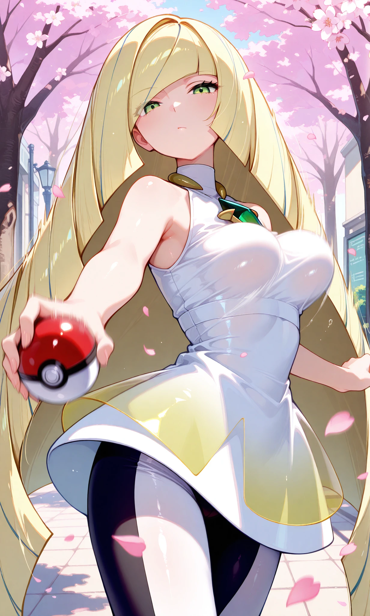 beautiful detailed eyes, masterpiece, best quality, intricate details, absurdres, 1girl, solo, street, outdoors, cherry blossoms, cowboy shot, looking at viewer, shiny skin, half-closed eyes, lusamine (pokemon) green eyes, blonde hair, very long hair, hair covering one eye, white dress, sleeveless dress, gradient dress, jewelry, gem, necklace, white leggings, two-tone leggins, high heels, white footwear, holding pokeball, reaching out