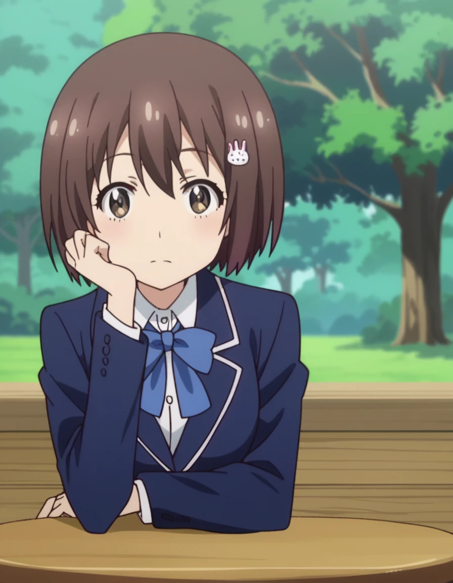 score_9, score_8_up, score_7_up, source_anime, <lora:mizuki-usami-s1-ponyxl-lora-nochekaiser:1>, mizuki usami, short hair, brown hair, hair ornament, hairclip, brown eyes, medium breasts, anime screencap,, skirt, bow, school uniform, jacket, pleated skirt, bowtie, blue bow, blazer, grey skirt,, treehouse, tree, wood, nature, height, , sitting, head rest, table,, looking at viewer, solo,, cowboy shot, solo