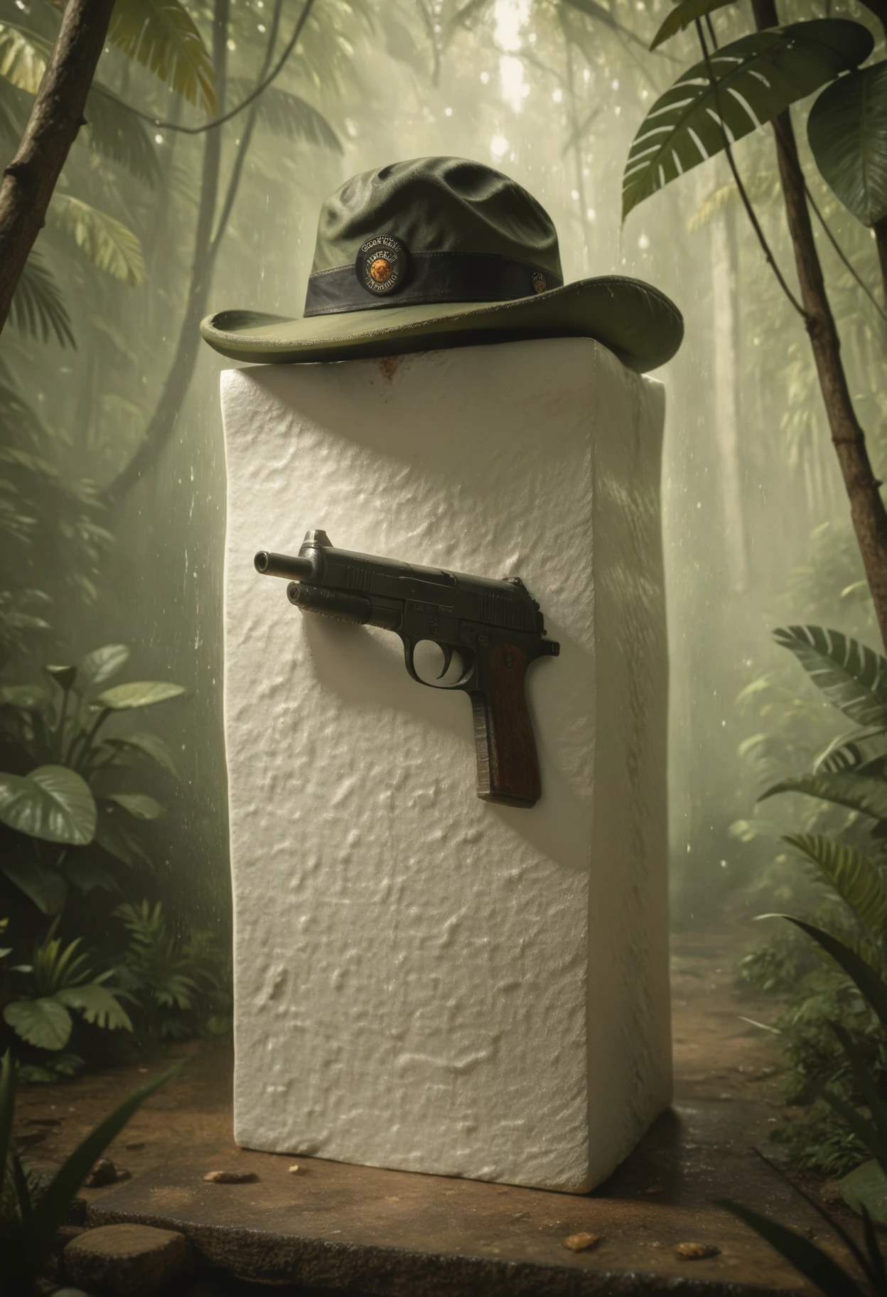 absurdres, highly-detailed, best quality, realistic, realism, masterpiece, very aesthetic, 1boy, solo, t0fu, pokemon (creature), jungle, explorer hat, holding gun