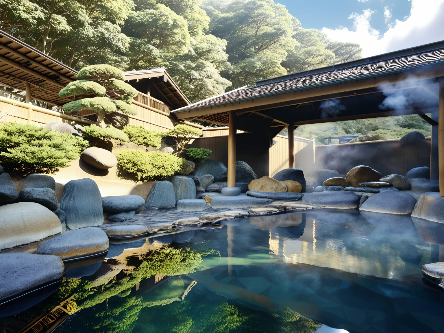<lora:JJsOnsen_XL:1> , (onsen), ultra realistic, masterpiece, best quality,, scenery, water, tree, no humans, , east asian architecture,outdoors, day, rock, sky, nature, reflection, center composition . steam,cloud,