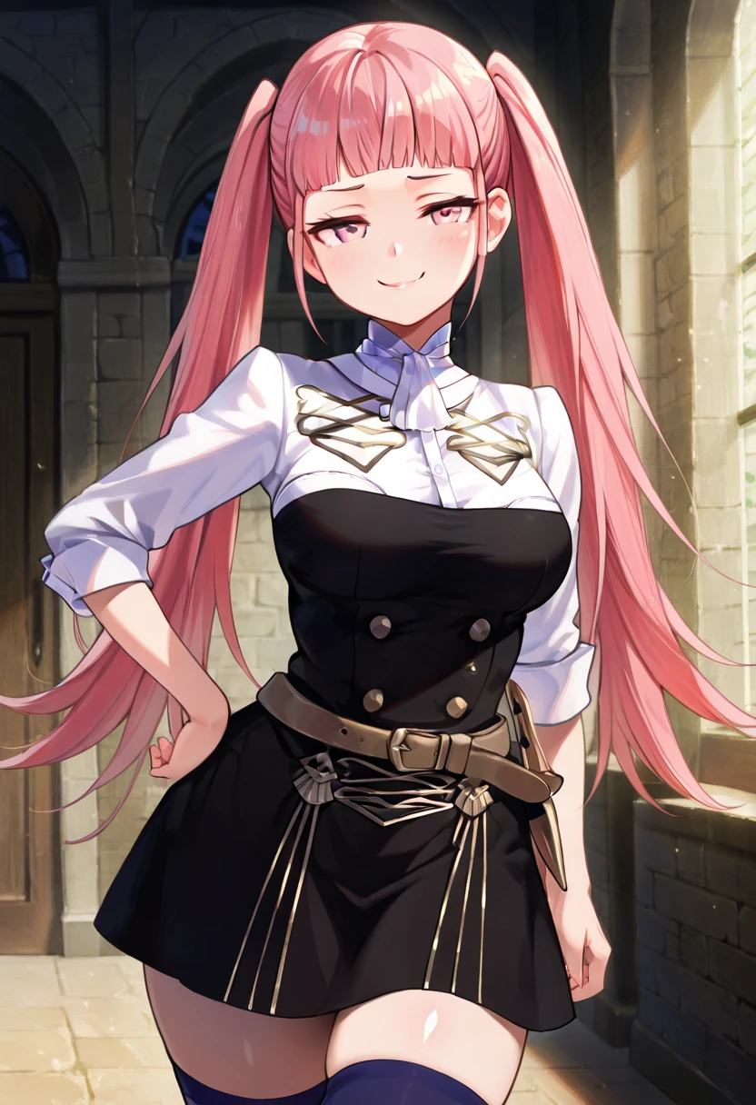 masterpiece, best quality, solo, curvy, beautiful eyes, zzHilda, pink eyes, long hair, pink hair, twintails, garreg mach monastery uniform, uniform, belt, thighhighs, blunt bangs, zettai ryouiki, medium breasts, black dress, , <lora:HildaValentineGoneril_IXL:1.0>, cowboy shot, hand on hip, smug, smile, looking at viewer, shiny skin,