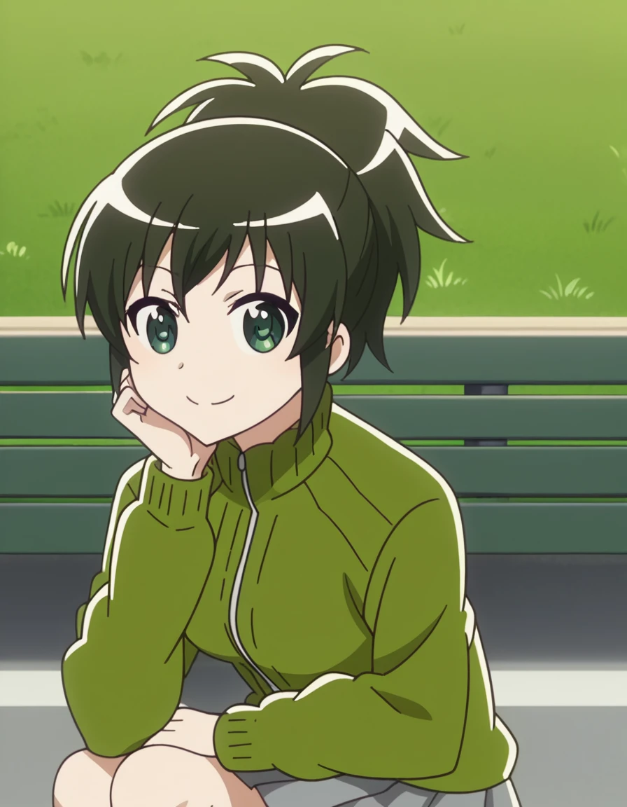score_9, score_8_up, score_7_up, source_anime, <lora:niko-oono-s1-ponyxl-lora-nochekaiser:1>, niko oono, black hair, ponytail, green eyes, medium breasts, anime screencap,, skirt, jacket, pleated skirt, grey skirt, track jacket, green sweater, park, grass, benches, path, recreation, smile, head rest, smile,, looking at viewer, solo,, cowboy shot, solo