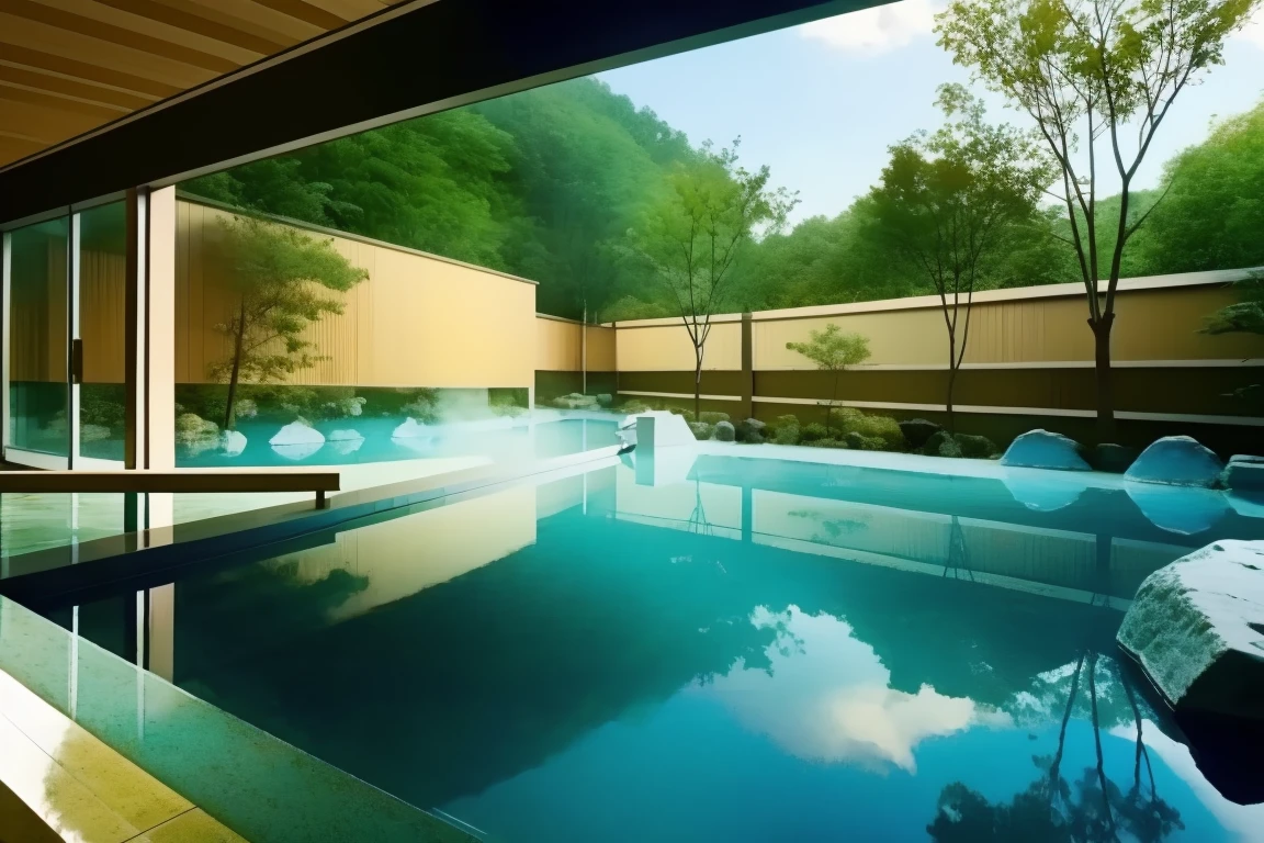 <lora:JJsOnsen:1> , ((onsen)),,ultra realistic, masterpiece, best quality,, scenery, water, tree, no humans, , east asian architecture,outdoors, day, rock, sky, nature, reflection, center composition . steam,cloud,