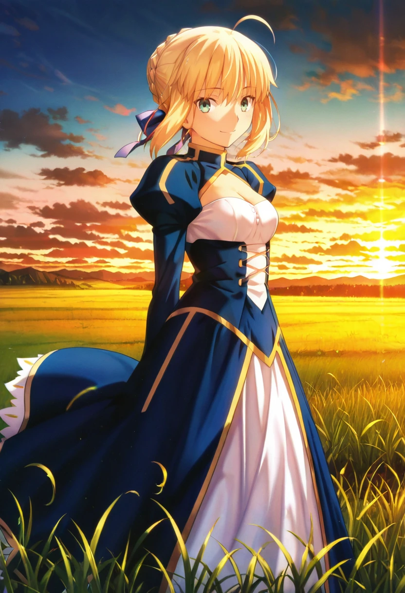 masterpiece, best quality, absurdres, detailed skin, detailed face, detailed eyes, anime colored, anime screencap, anime colored,
<lora:Artoria_Pendragon:0.8>, artoria pendragon, 1 girl, green eyes, hair bun, blue dress, cleavage, to the side, looking at viewer, smile,
dusk, wind, grasslands,