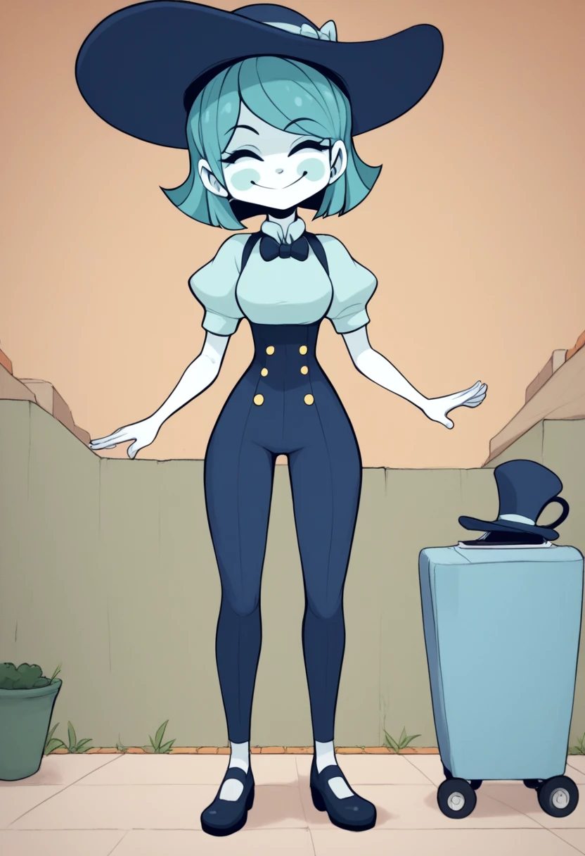 1girl, aqua hair, closed eyes, colored skin, hat, jewelry, puffy short sleeves, short hair, smile, white skin, full body <lora:fake type:1> fake-type <lora:afrobull:1>, score_9_up, score_8_up, score_7_up, score_6_up, masterpiece, best quality,
