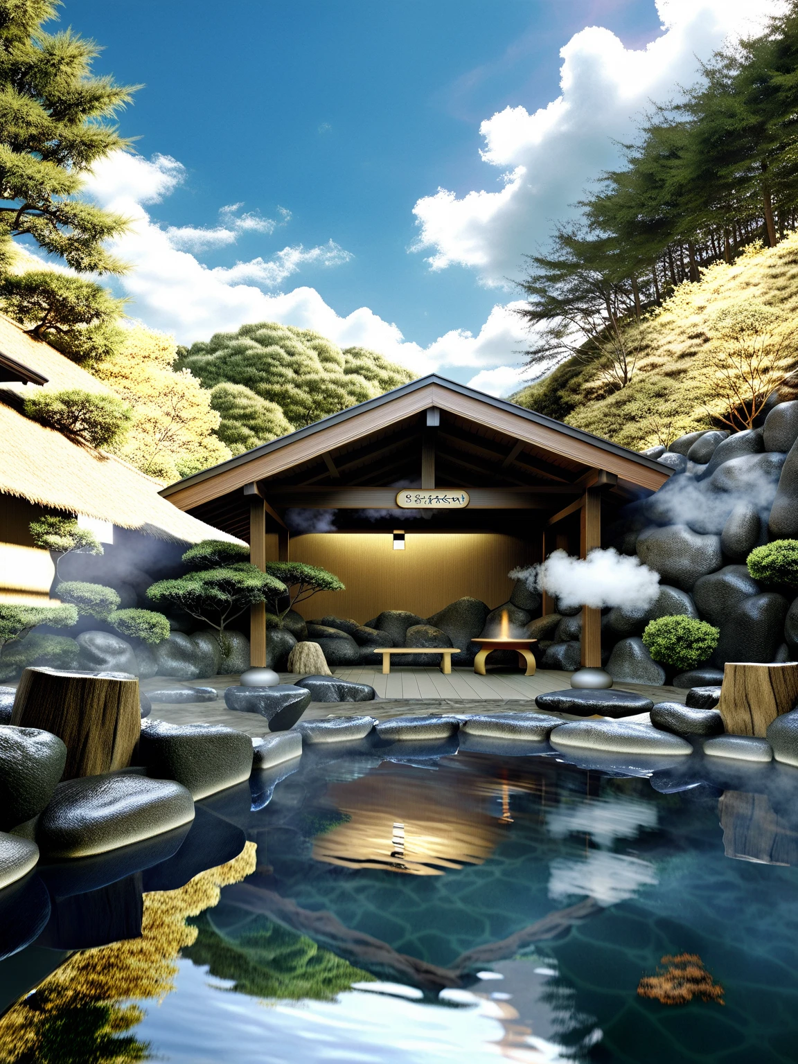 <lora:JJsOnsen_XL:1> , (onsen), ultra realistic, masterpiece, best quality,, scenery, water, tree, no humans, , east asian architecture,outdoors, day, rock, sky, nature, reflection, center composition . steam,cloud,