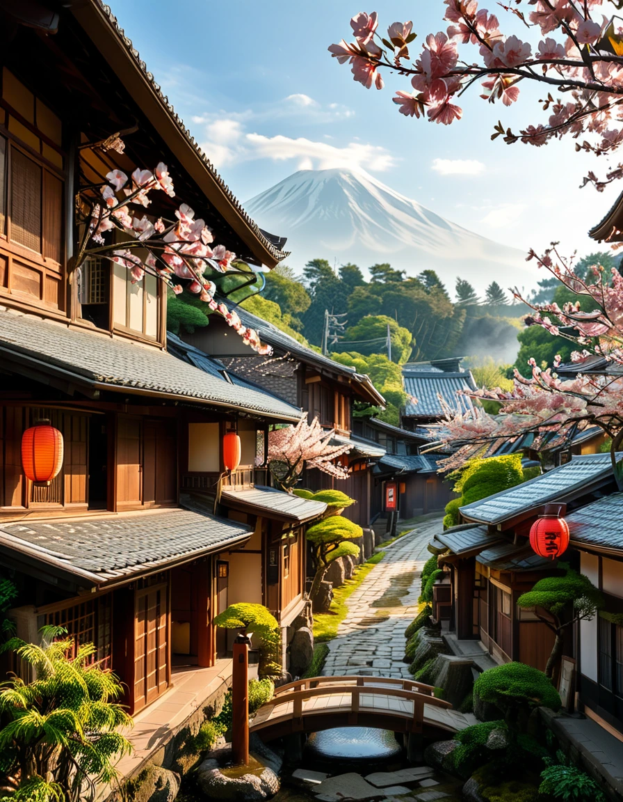 A picturesque traditional Japanese village nestled in a serene valley, surrounded by lush green mountains under a soft morning mist. The village consists of wooden houses with thatched roofs (gassho-zukuri style), showcasing intricate wooden details and sliding paper doors. A narrow stone-paved path winds through the village, leading to a small red torii gate at the entrance of a Shinto shrine. Cherry blossoms in full bloom line the streets, their pink petals gently falling in the breeze. A tranquil river flows through the village, crossed by an old wooden bridge with moss-covered stones. Villagers in traditional kimonos and straw hats go about their daily livesâan elderly man sweeping his porch, a woman carrying a basket of fresh produce, and children playing near a koi pond. The atmosphere is peaceful and nostalgic, with warm sunlight filtering through the trees, casting dappled shadows on the ground. The scene is rich in traditional Japanese aesthetics, evoking a sense of harmony and timeless beauty.
<lora:SDXLFaeTastic2400:0.4> <lora:extremely_detailed:0.4> extremely detailed,<lora:traditional_Japanese_v1ll4g3:1>,traditional Japanese v1ll4g3, Masterpiece,best quality,hi res,8k,hi res,8k,award winning,(sharp focus, intricate, highly detailed),