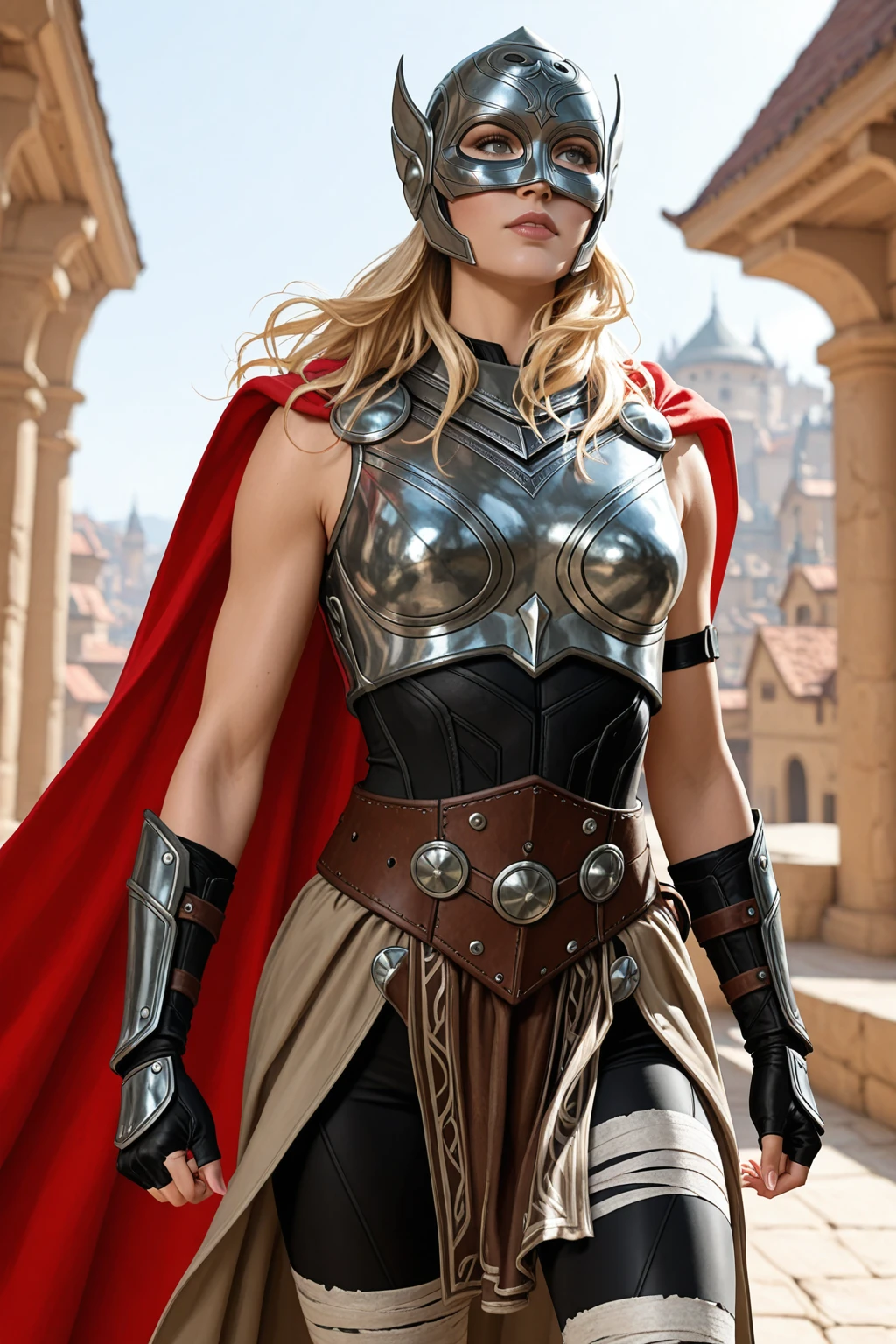 masterpiece, good quality, best quality, very awa, very as2, absurdres, highres,
<lora:Jane FosterilluLoRA:1>janef, helmet, long hair, mask, cape, breastplate, single bracer, fingerless gloves, belt, skirt, pelvic curtain, leggings, bandaged legs