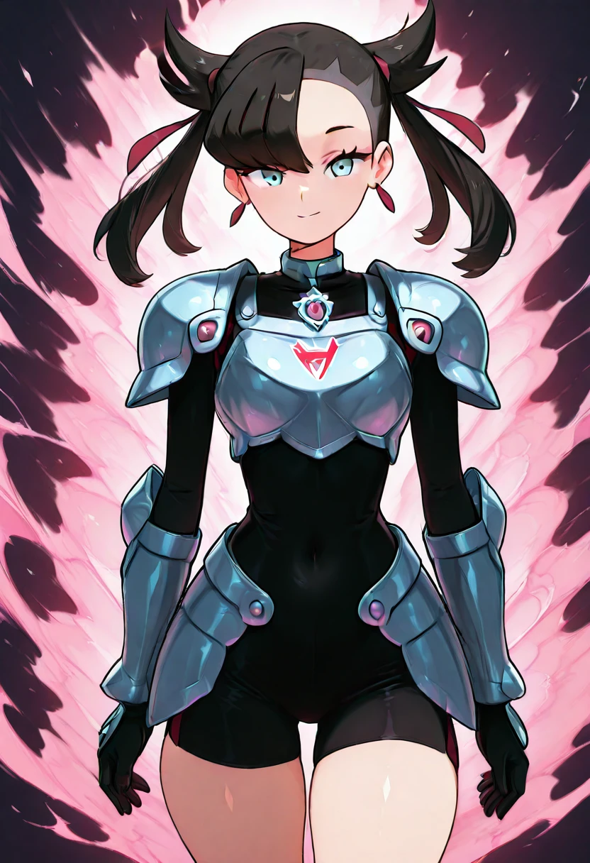 masterpiece, best quality, solo, curvy, beautiful eyes,  zzMarnightCitron, aqua eyes, black hair, asymmetrical bangs, twintails, hair ribbon,   ribbon, jewelry, earrings, medium hair, armor, shoulder armor, breastplate, gloves, black gloves,   ,       <lora:MarnightCitronOC_IXL_v1:1.0>, dynamic pose, cowboy shot, smile, looking at viewer, shiny skin,<lora:TobiaswhellerIXL_v2:1.0>,