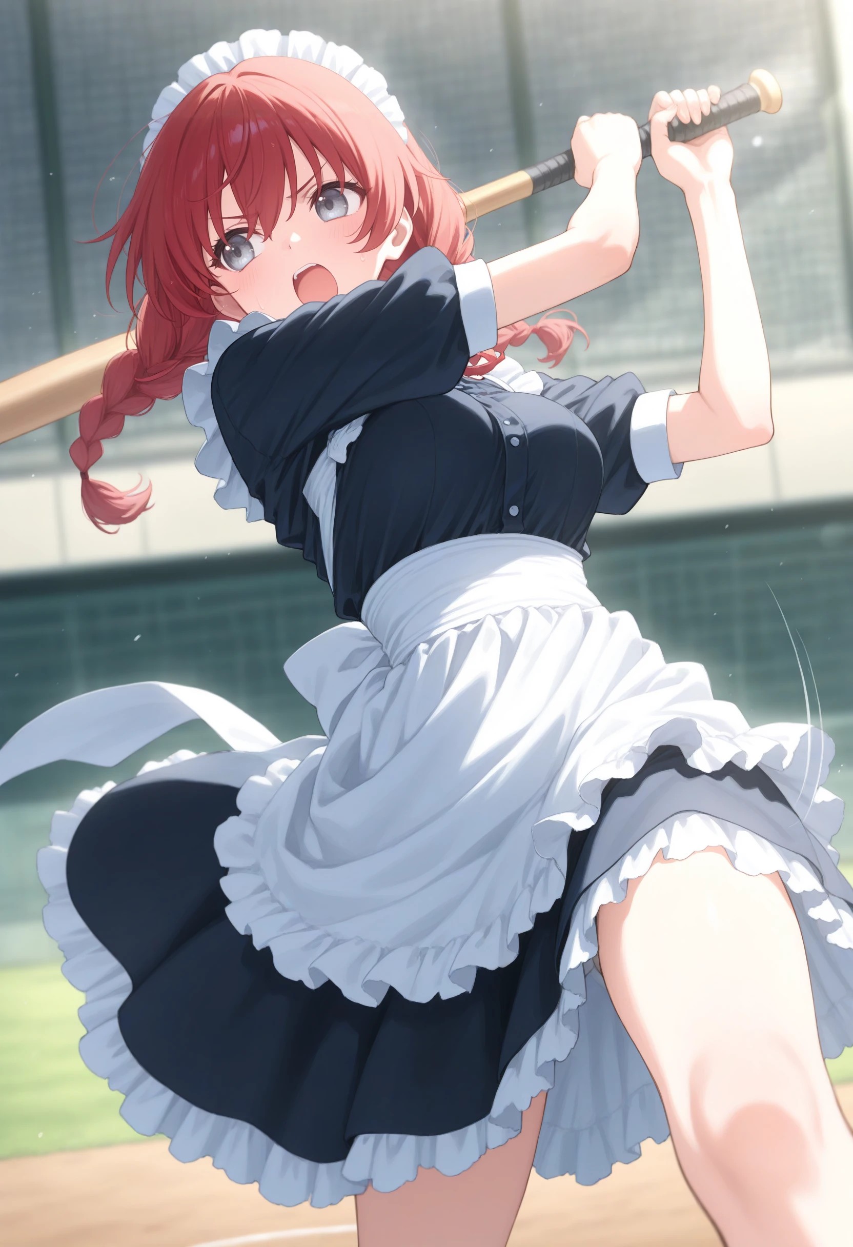 1girl,(sho \(sho lwlw\):0.7),(toosaka asagi:0.5),(sincos:0.3),solo,
masterpiece, best quality, newest, absurdres, CG, anime, source anime, illustration,
maid, maid headdress,medium breasts,
batting stance, baseball bat, baseball, holding baseball bat, motion lines, motion blur, <lora:battingstance_Illust_v2:0.8>, determined,
from below, feet out of frame, looking back, red hair, silver eyes,open mouth, twin braids hair,,