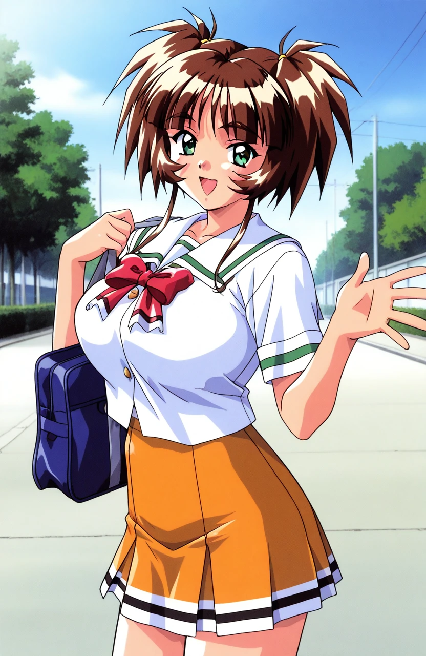 general,highres, ultra-detailed,very aesthetic,best quality ,best hands, BREAK <lora:Ichimonji_Akane_Tokimeki_Memorial2_IS:1>Ichimonji_Akane(Tokimeki_Memorial2),1girl, solo, brown hair, green eyes, short hair,
huge breasts, bangs, shiny hair, sidelocks, 1990s (style),
school uniform, skirt, bag, open mouth, smile, short sleeves, bow, school bag, shirt, white shirt, serafuku,
red bow, pleated skirt, orange skirt, twintails, yellow skirt,
blue sky, day, asphalt,