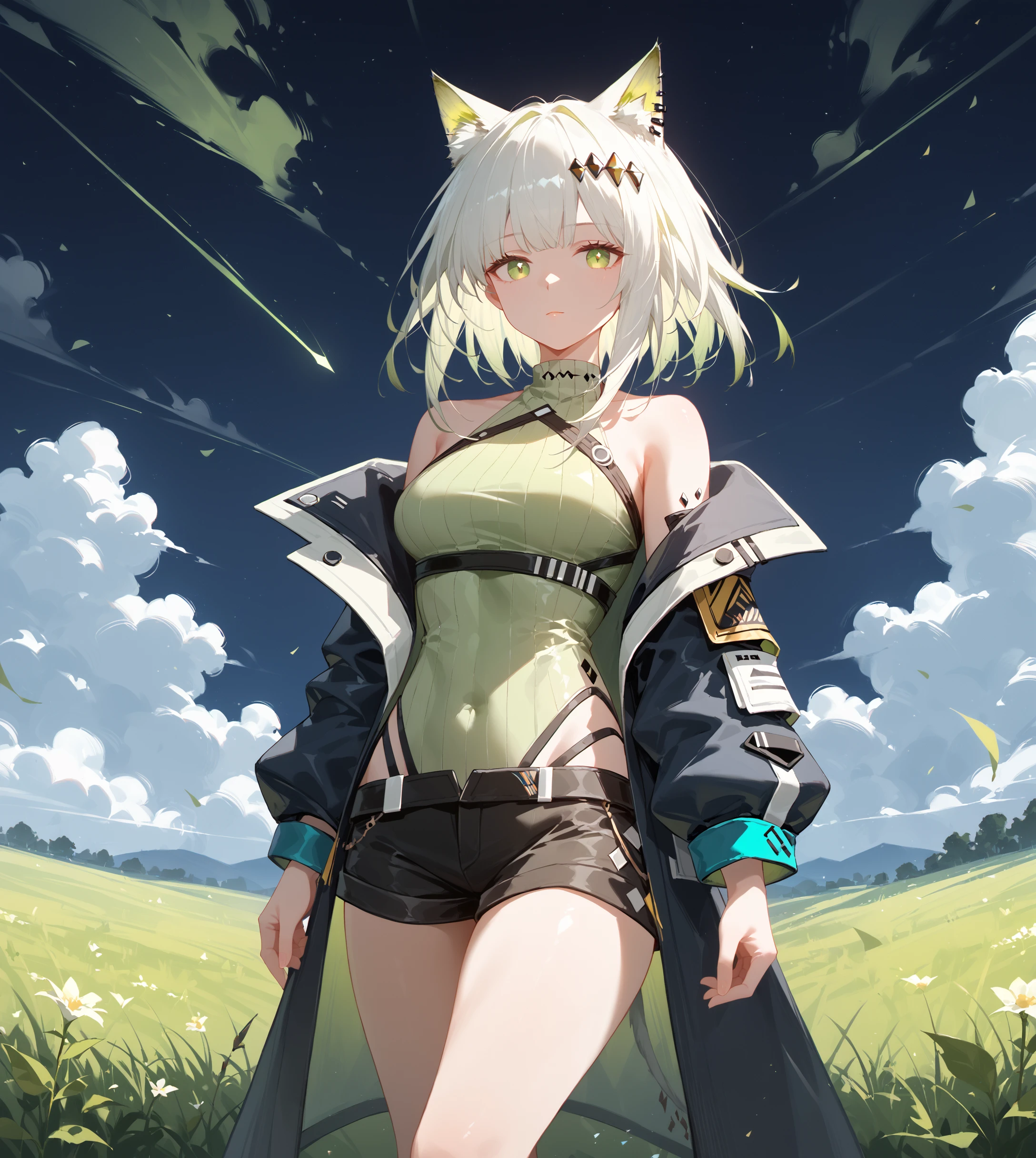 Arknights art style, arknights world,cat girl,cat ears,fluffy fox tail,short hair,white hair,green eyes,(breast:1.0),(thighs:0.9),(body,:0.9),(hands:0.9),wearing a white tank top,white shorts