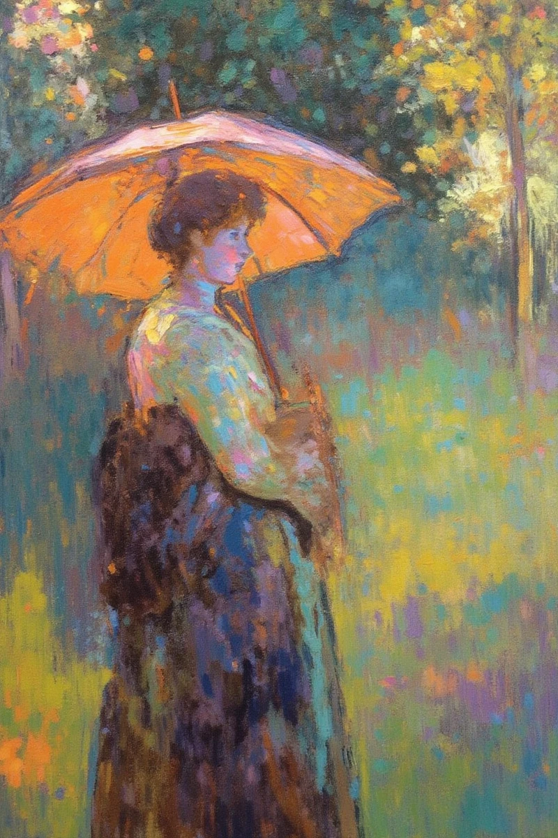 Impressionist_Style,This is an impressionist painting by Paul Cézanne,It depicts a woman with auburn hair,wearing a white blouse and dark skirt,holding a large red parasol. She stands in a lush,green,impressionistic garden with dappled sunlight filtering through trees. The painting's texture is rich and textured,capturing a serene,contemplative moment,
impressionistic style,Loose Brushwork,Impasto,Capturing Light and Atmosphere,Optical Mixing,impressionistic painting,Oil Painting,The brushstrokes are bold and textured,creating a dynamic lively scene,by Claude Monet,by Renoir,by Edgar Degas,by Camille Pissarro,