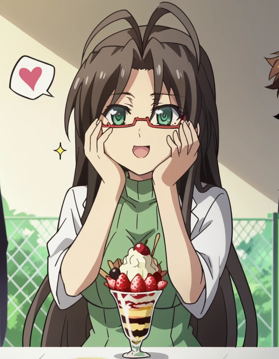 score_9, score_8_up, score_7_up, source_anime, <lora:chisato-hasegawa-s2-ponyxl-lora-nochekaiser:1>, chisato hasegawa, long hair, large breasts, brown hair, green eyes, glasses, mole, antenna hair, semi-rimless eyewear, red-framed eyewear, under-rim eyewear, mole under eye, anime screencap,, <lora:parfait-ponyxl-lora-nochekaiser:1>, parfait, open mouth, heart, food, sparkle, fruit, happy, hand on own face, spoken heart, ice cream, strawberry, spoon, hand on own cheek, cherry, holding spoon,, , cowboy shot, solo
