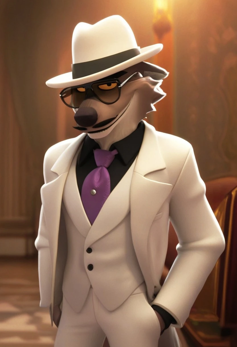 score_9_up, score_8_up, score_7_up, high quality, detailed, male, solo male, MrWolf, 1boy, mature male, anthro, wolf, grayish brown body, black eyes, yellow sclera, colored sclera, animal ears, broad shoulders, athletic build, light underbelly, thick eyebrows, standing, half body, indoors, looking at viewer, smiling, half lidded eyes, black collared shirt, white suit, purple tie, glasses, fedora, mustache, hands in pockets, suave, volumetric lighting, masterpiece