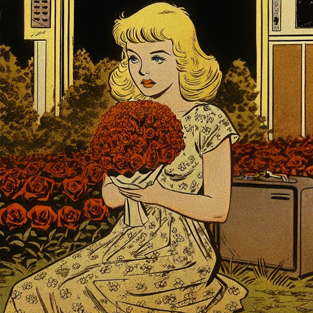 1girl, solo, 1950s woman, curly blonde hair, waist-length hair, blue eyes, floral dress, holding a bouquet, whimsical, BREAK, close-up, sitting in a garden, surrounded by roses, soft lighting, warm tones, intricate floral details, BREAK, outdoors, 1950s garden, blooming roses, white picket fence, blurred trees in background, golden hour lighting, BREAK, (safe_pos, fine texture, masterpiece, ultra-detailed, very aesthetic, absurdres, volumetric lighting, scenery), rating_safe, source_cartoon, source_comics, official style, original art style, vintage comic, sepia tones, ink crosshatching,