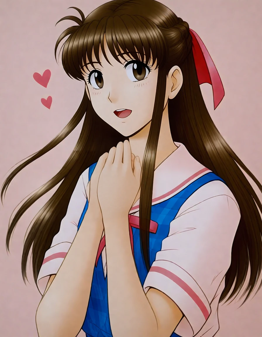 <lora:Hyper-SDXL-8steps-lora:1>, source_anime, score_9,1girl,solo
<lora:Anime_pat-000002:0.3>
white background, open mouth, naughty face,
<lora:KATSURAGI_ayane_PONYXL:0.9> KATSURAGI_ayane,brown hair, brown eyes, long hair,plaid, hair ribbon, school uniform,blue sleeveless dress,short sleeve shirts,
, heart,upper body,