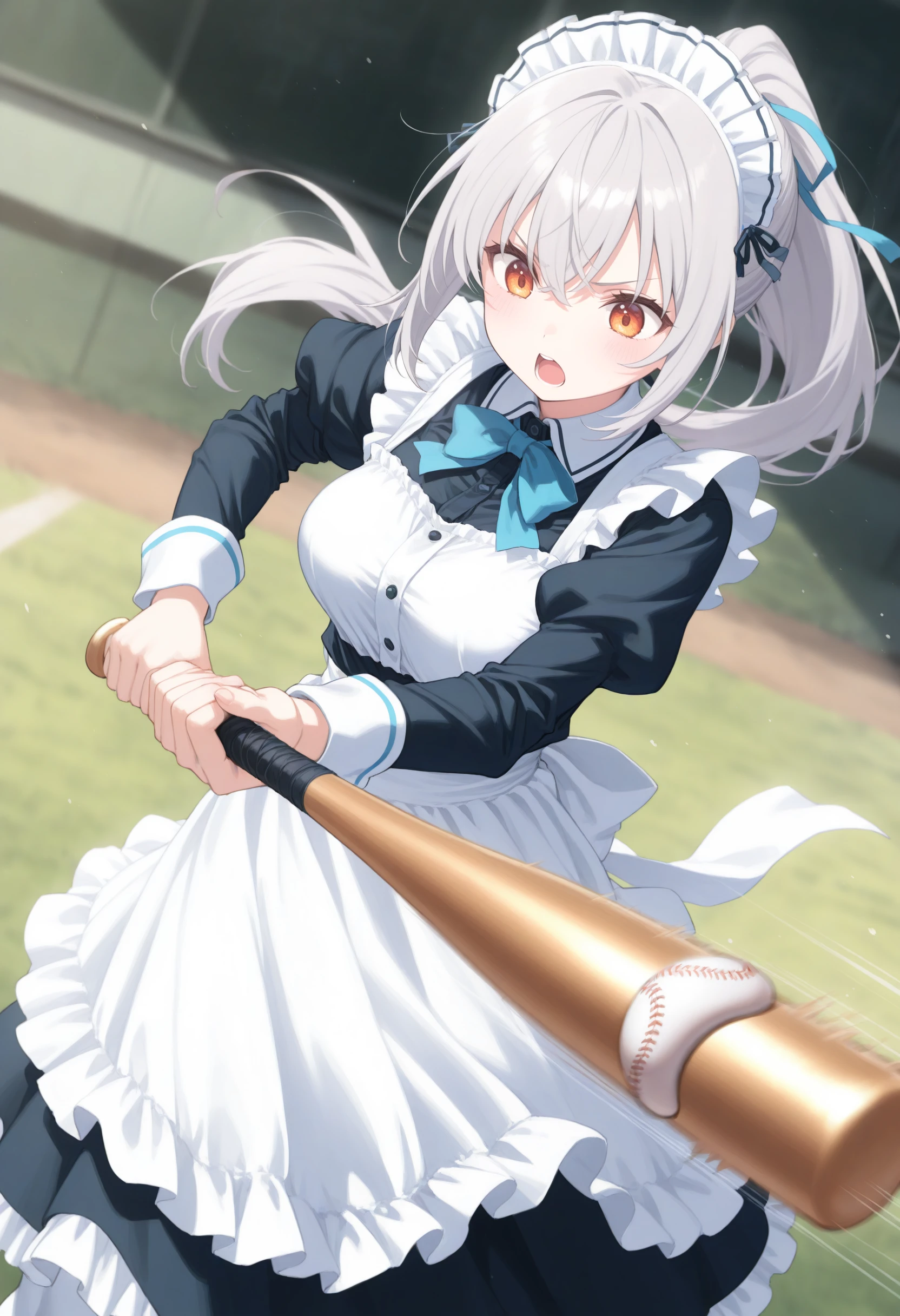 1girl,(sho \(sho lwlw\):0.7),(toosaka asagi:0.5),(sincos:0.3),solo,
masterpiece, best quality, newest, absurdres, CG, anime, source anime, illustration,
maid, maid headdress,medium breasts,
batting stance, baseball bat, baseball, holding baseball bat, ball, motion lines, motion blur, <lora:battingstance_Illust_v2:0.8>, determined,
dutch angle, feet out of frame, looking down, gray hair, orange eyes,open mouth, ponytail hair,,
