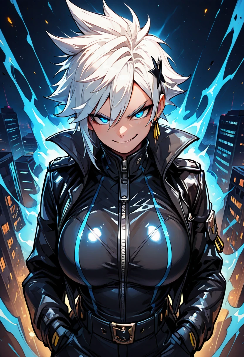 <lora:EnergyCAT_IXL_v3:1.0>, masterpiece, best quality, 1girl, big breasts, solo, blue eyes, white hair, spiky hair, black high-collar uniform, smirk, confident stance, glowing blue energy, hands in pockets, city lights reflecting, cursed energy swirling, floating debris, intense glow, nightscape background