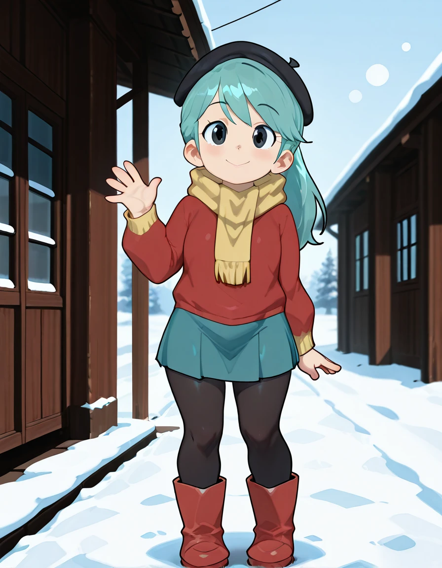 cinematic film still cinematic still boots, black pantyhose, pantyhose, red footwear, looking at viewer, waving, beret, black eyes, smile,aqua hair, skirt,Hilda is outside in the snow,outside ,outdoor <lora:Hilda_Netfelx_Show_1.0:1><lora:NTR_MIX_4.0_LORA:0.4> . anime style, key visual, vibrant, studio anime, highly detailed . shallow depth of field, vignette, highly detailed, high budget, bokeh, . emotional, harmonious, vignette, highly detailed, high budget, bokeh, cinemascope, moody, epic, gorgeous, film grain, grainy . shallow depth of field, vignette, highly detailed, high budget, bokeh, cinemascope, moody, epic, gorgeous, film grain, grainy