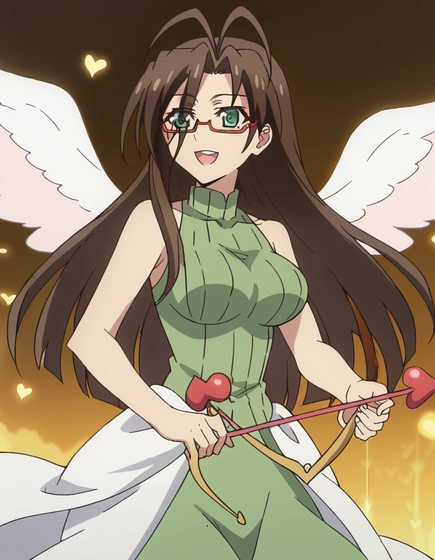 score_9, score_8_up, score_7_up, source_anime, <lora:chisato-hasegawa-s2-ponyxl-lora-nochekaiser:1>, chisato hasegawa, long hair, large breasts, brown hair, green eyes, glasses, mole, antenna hair, semi-rimless eyewear, red-framed eyewear, under-rim eyewear, mole under eye, anime screencap,, <lora:cupid-ponyxl-lora-nochekaiser:1>, cupid, dress, bare shoulders, weapon, heart, wings, bow (weapon), arrow (projectile), angel, smile, open mouth, heart arrow,, , cowboy shot, solo