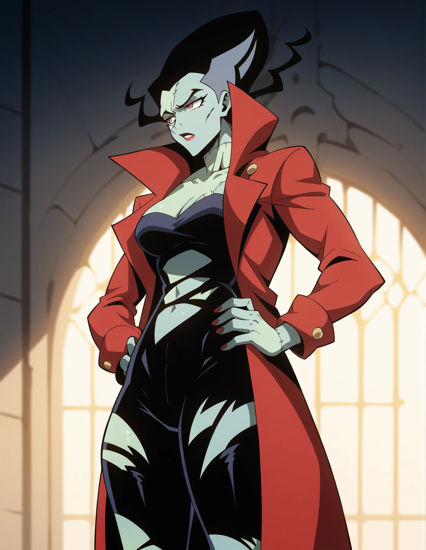 woman, colored skin, red coat, cleavage, torn shirt, stitched skin, solo, standing, tall woman, (side view:0.5), hands on hips, dark castle interior background <lora:The_Bride:0.8> br1de, score_9, score_8_up, score_7_up, score_6_up, 2d, digital art, masterpiece <lora:Expressive_H:0.4> expressiveh <lora:princess_xl_v2:0.3> <lora:g0th1c2XLP:0.3> g0th1c