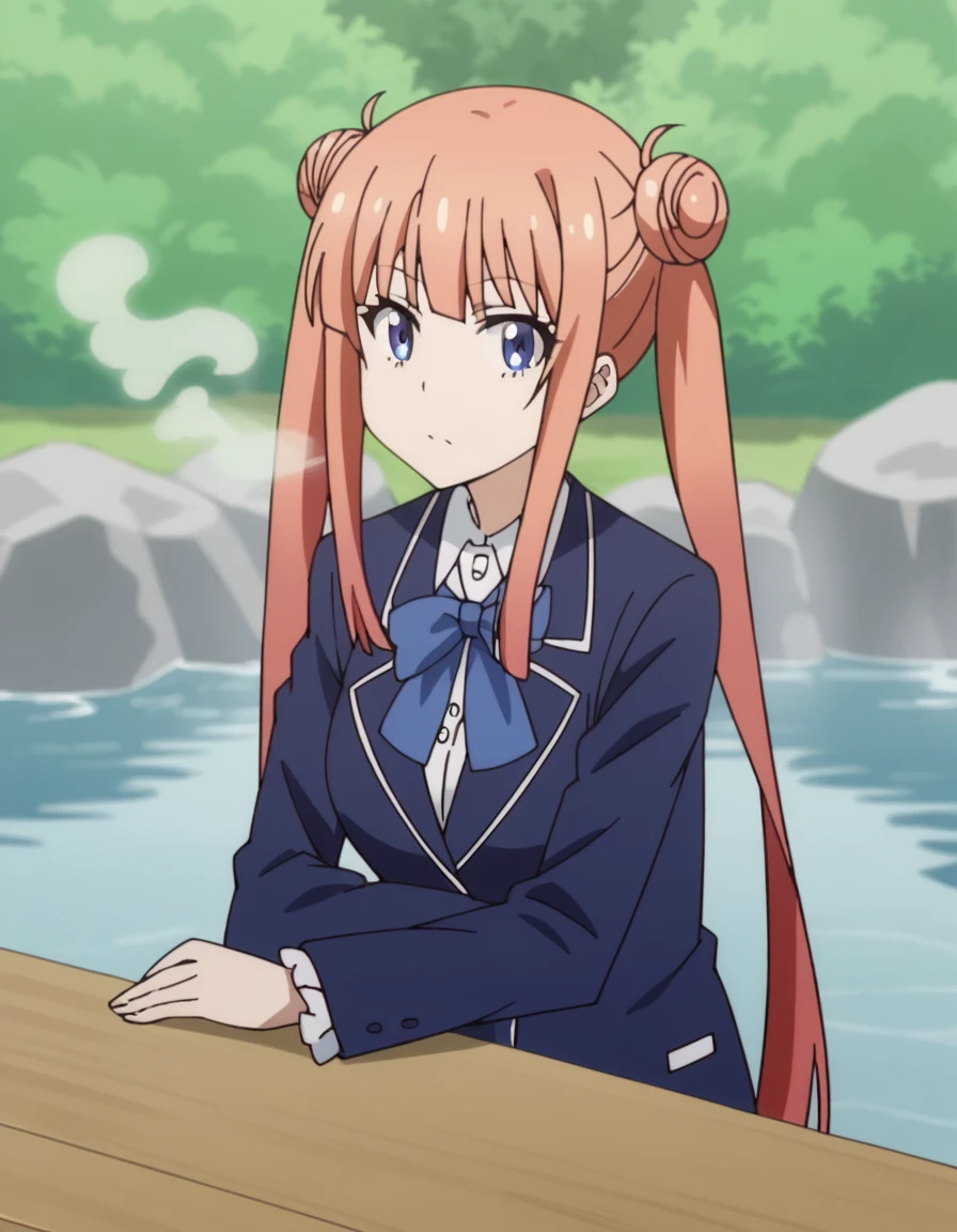 score_9, score_8_up, score_7_up, source_anime, <lora:maria-imari-s1-ponyxl-lora-nochekaiser:1>, maria imari, long hair, twintails, blue eyes, hair bun, orange hair, double bun, medium breasts, anime screencap,, skirt, thighhighs, long sleeves, bow, school uniform, jacket, bowtie, white thighhighs, blue bow, blazer, grey skirt, blue bowtie, frilled skirt, geyser, steam, water, hot spring, eruption, , sitting, elbow rest, table,, looking at viewer, solo,, cowboy shot, solo