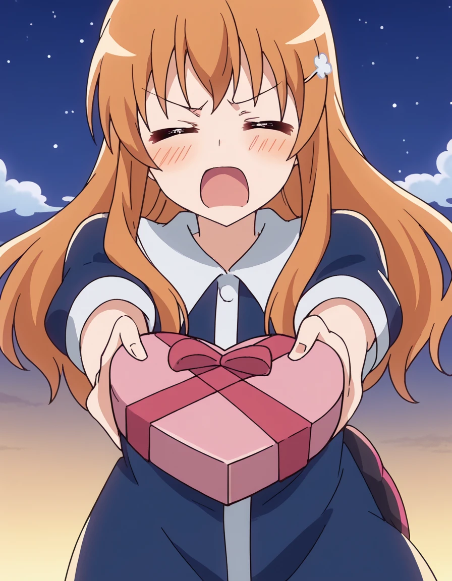 score_9, score_8_up, score_7_up, source_anime, <lora:benio-yonomori-s1-ponyxl-lora-nochekaiser:1>, benio yonomori, long hair, brown hair, brown eyes, medium breasts, anime screencap,, <lora:heart-shaped-box-ponyxl-lora-nochekaiser:1>, heart-shaped box, holding, box, gift, valentine, incoming gift, closed eyes, blush, open mouth, outstretched arms, outdoors, night sky, clouds, shouting,, , cowboy shot, solo