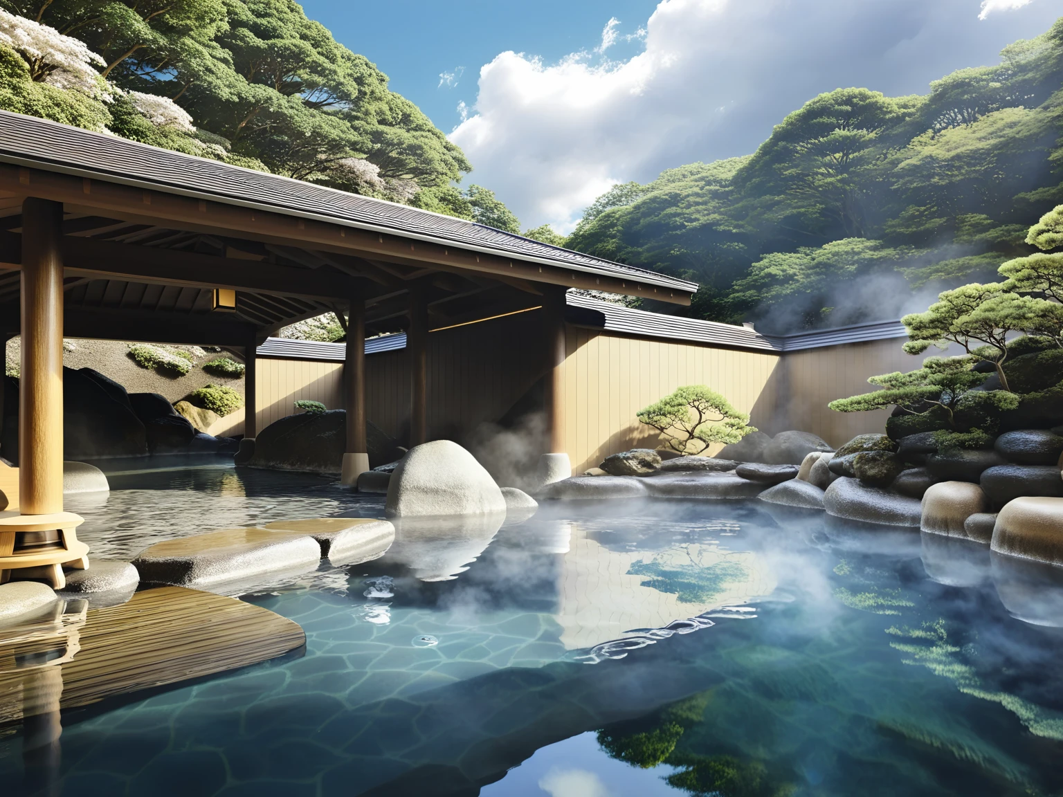 <lora:JJsOnsen_XL:1> , (onsen), ultra realistic, masterpiece, best quality,, scenery, water, tree, no humans, , east asian architecture,outdoors, day, rock, sky, nature, reflection, center composition . steam,cloud,