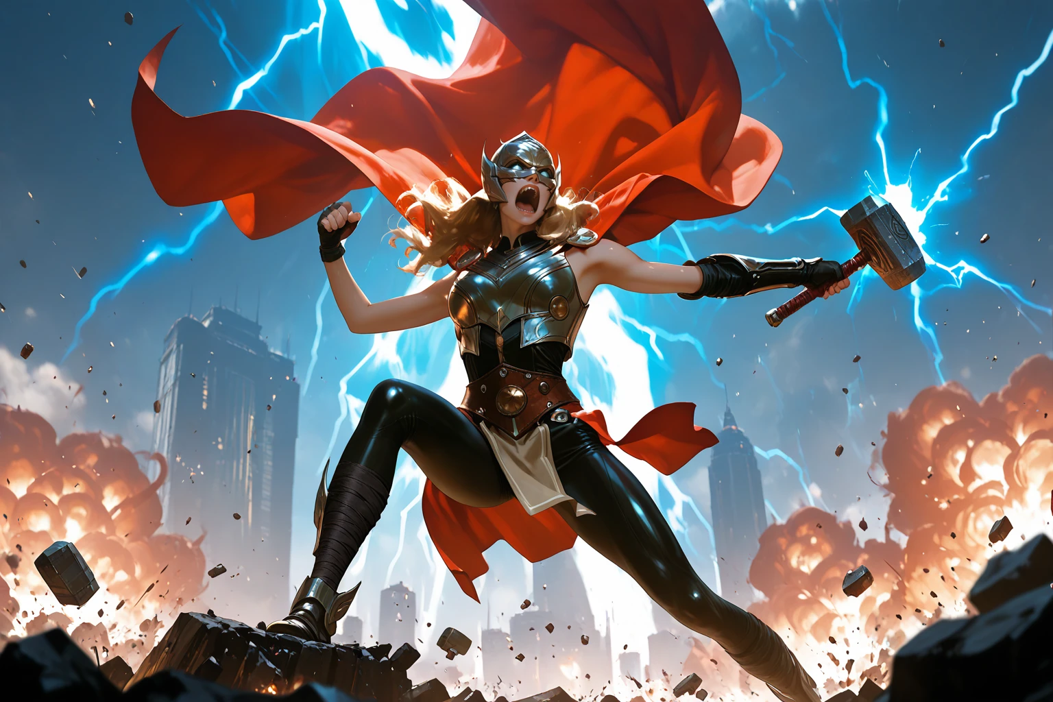 masterpiece, good quality, best quality, very awa, very as2, absurdres, highres,
<lora:Jane FosterilluLoRA:1>janef, helmet, long hair, mask, cape, breastplate, single bracer, fingerless gloves, belt, skirt, pelvic curtain, leggings, bandaged legs, holding hammer, lightning, electricity, angry, open mouth, swinging weapon, fighting stance, dynamic pose, debris, explosions, alien, skyscraper