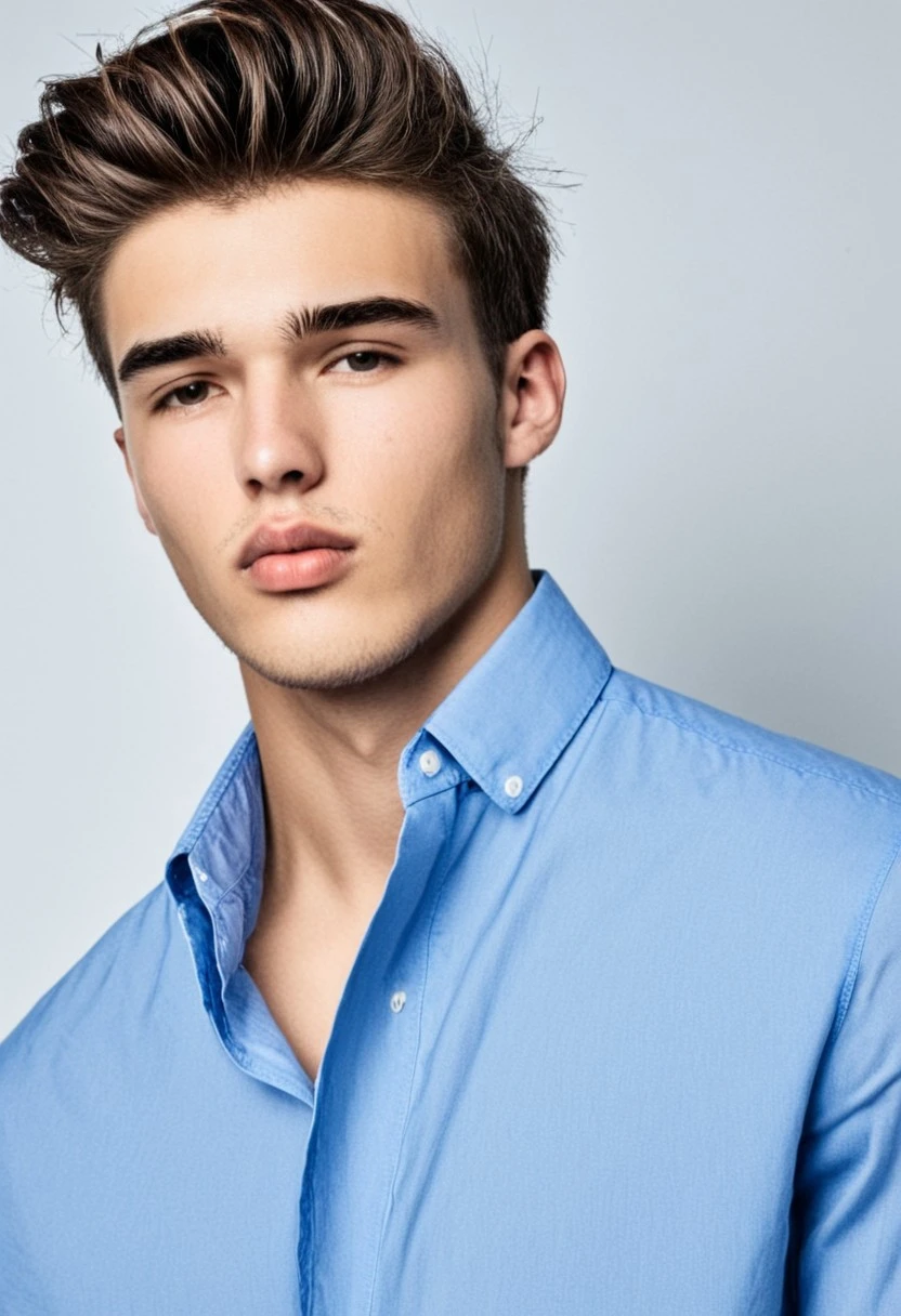 the image features a 20 year-old male model with light skin, full lips, a photo realistic shoot from a closeup camera angle, portrait of a young male model with a serious expression, hyperdetailed photography, studio, elegant shirt, looking at viewer