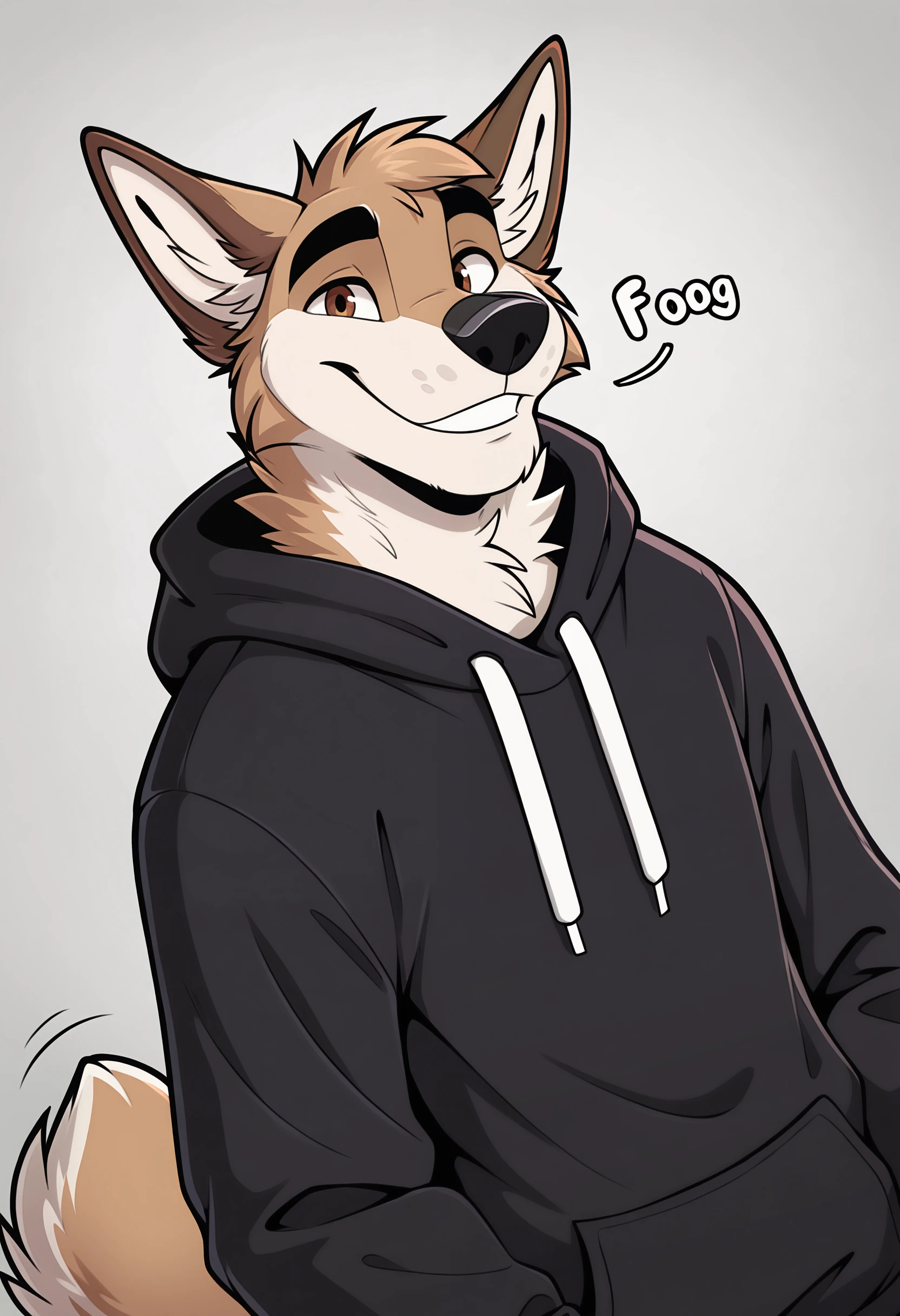 depth of field, blurry background, eye reflections, reflections, dutch angle, anthro, adult, furry, no humans, tail, sound effect, sound effect, motion lines, by ango76, <lora:Ango76_Artist_Style_Illustrious:1.0>, masterpiece, best quality, amazing quality, very aesthetic, absurdres, newest, 1boy, male focus, hood, animal ears, furry, solo, furry male, smile, upper body, hoodie, looking at viewer, grey background, dog ears, simple background, thick eyebrows, brown eyes, dog boy, hood down, black hoodie