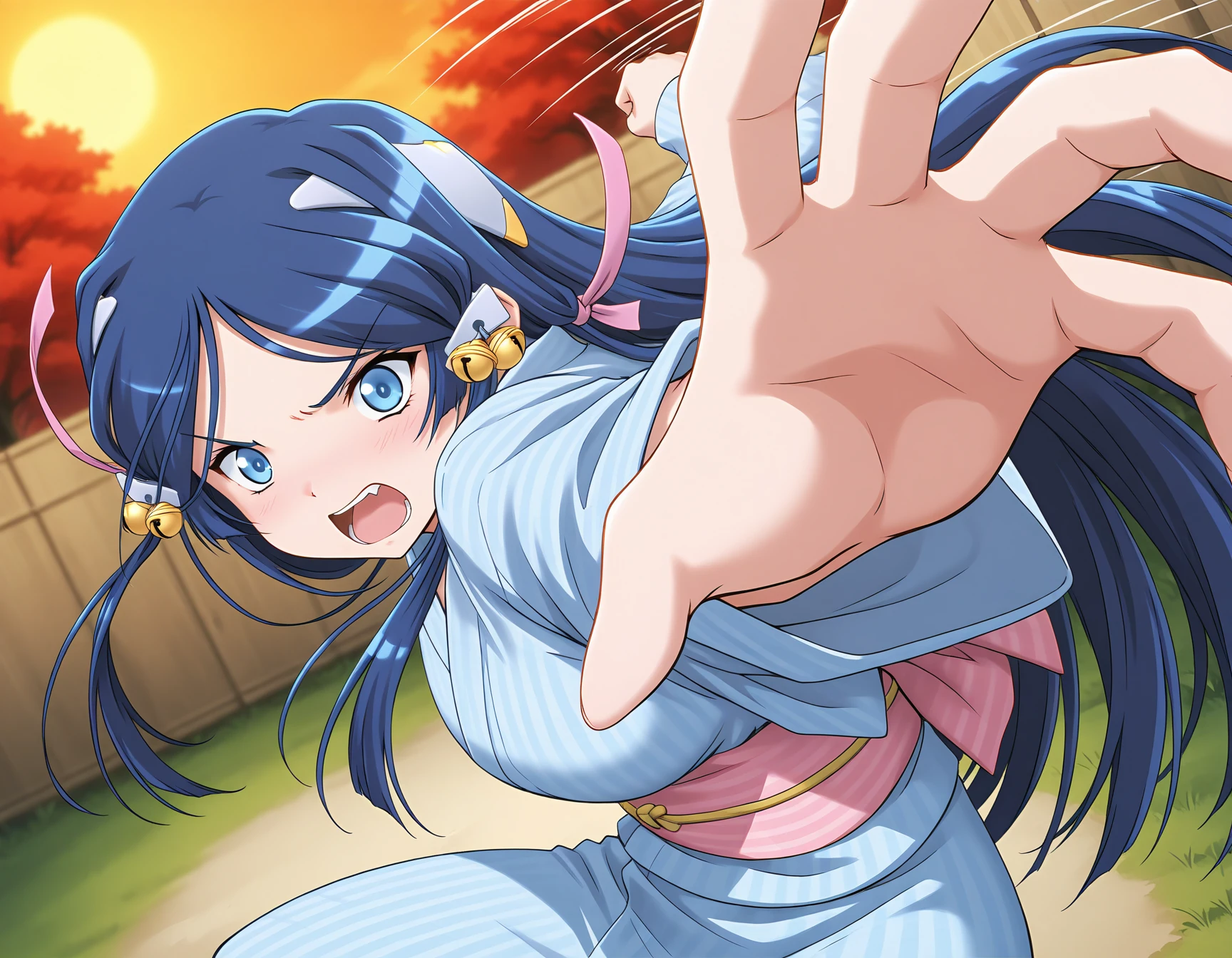 masterpiece, best quality, official art, amazing quality, ultra highres, very aesthetic, highly detailed, best hands,
1girl, solo, miki, blue hair, long hair, blue eyes, beautiful detailed eyes, hair ornament BREAK
kimono,
serious, shouting,
IncrsPunchMeme, incoming attack,
outdoor, motion lines, speed lines, sharp focus, depth of field
<lora:ichinose miki v1.1-000010:1> <lora:PepePunchMeme_illusXLNoobAI_Incrs_v1:1.3>